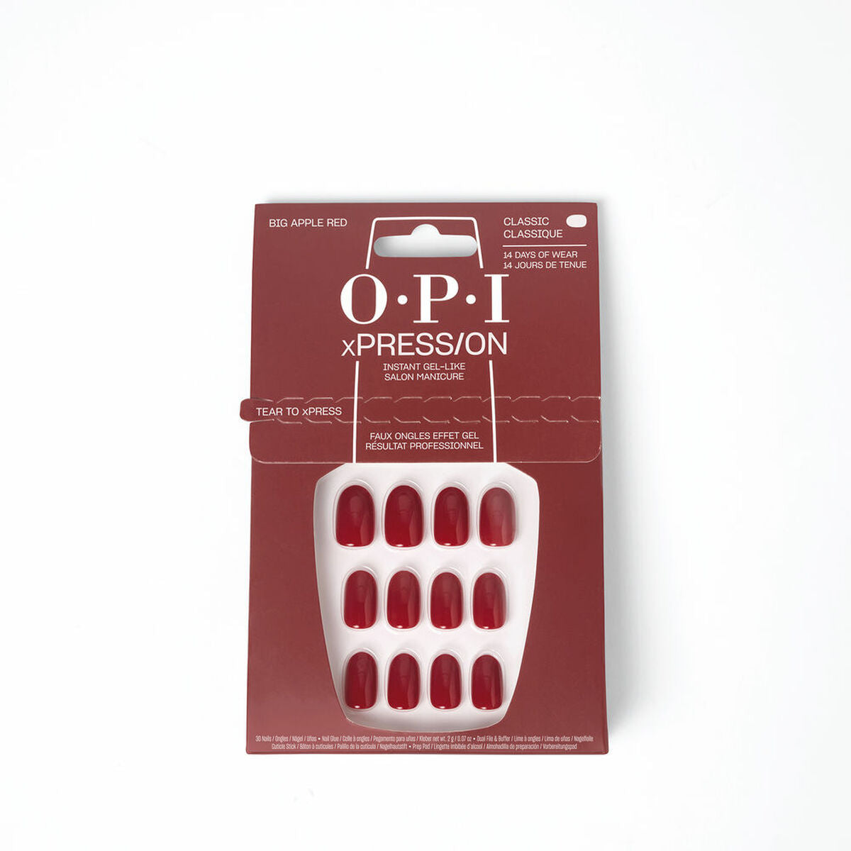 Faux ongles OPI Big Apple Red 30 pièces, vernis à ongles prêt à porter, couleur classique rouge.