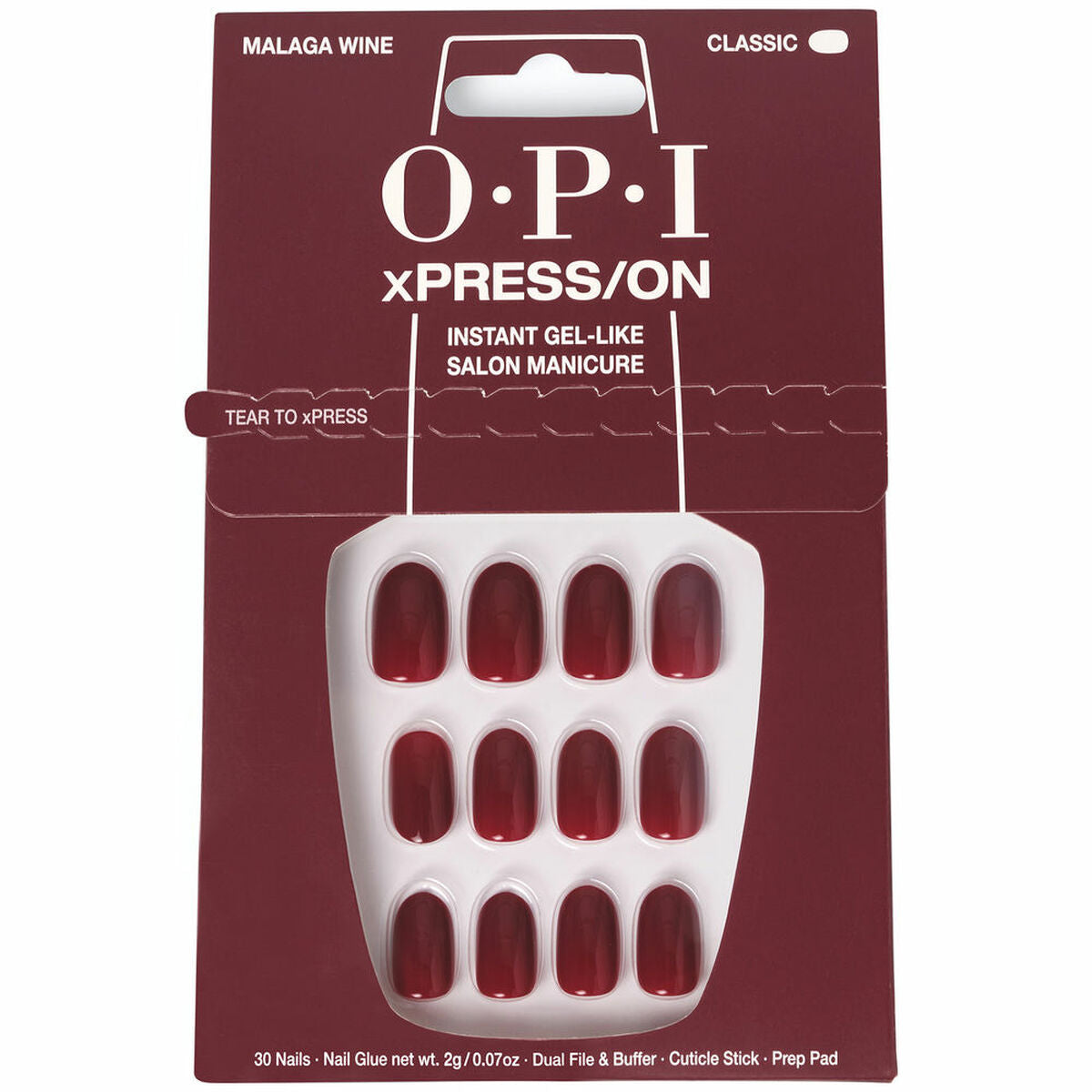 O.P.I. xPRESS/ON Malaga Wine faux ongles, 30 pièces, couleur rouge bordeaux pour une manucure instantanée.