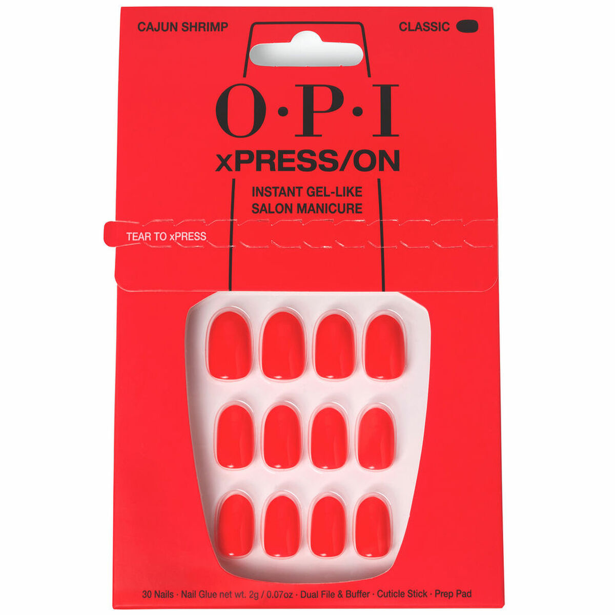 Faux ongles OPI Cajun Shrimp 30 pièces, gel-like manicure, présentation pratique et esthétique