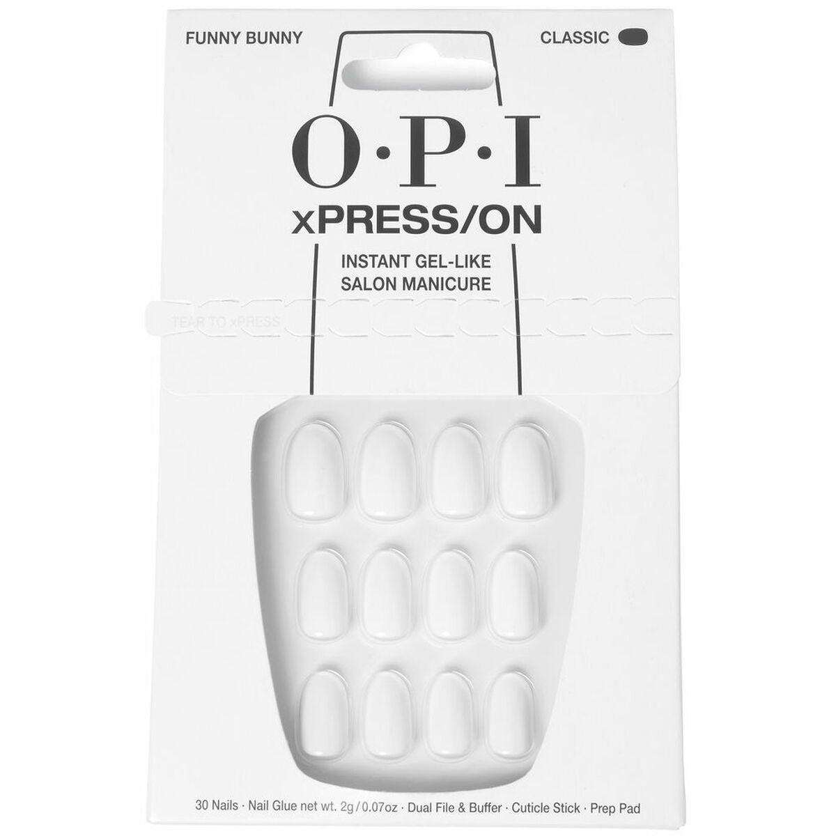 Faux ongles OPI Funny Bunny, 30 pièces, gel-like, instant manicure, unisexe, soins esthétiques abordables.