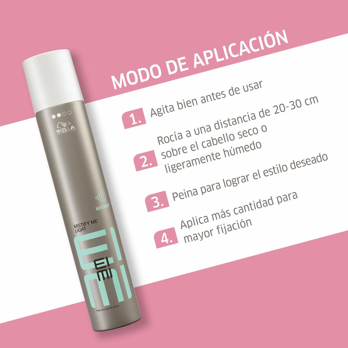 Wella EIMI Mystic Mie Light spray application instructions on a pink background.