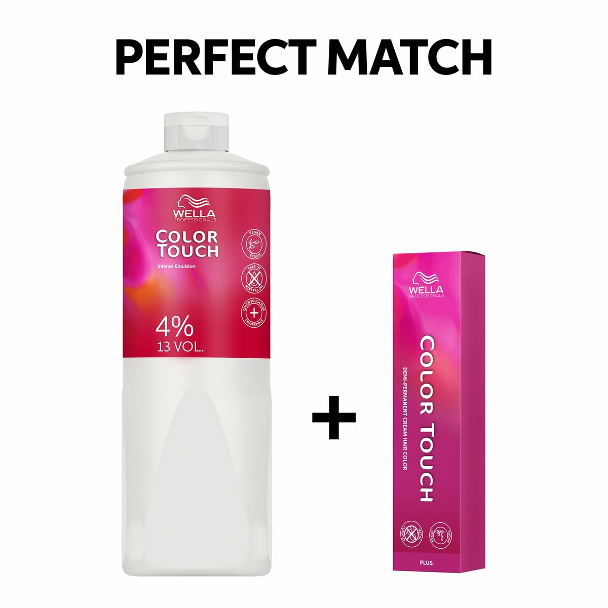 Wella Color Touch 4% 13 Vol emulsion bottle with coordinating Color Touch tube for hair coloring.