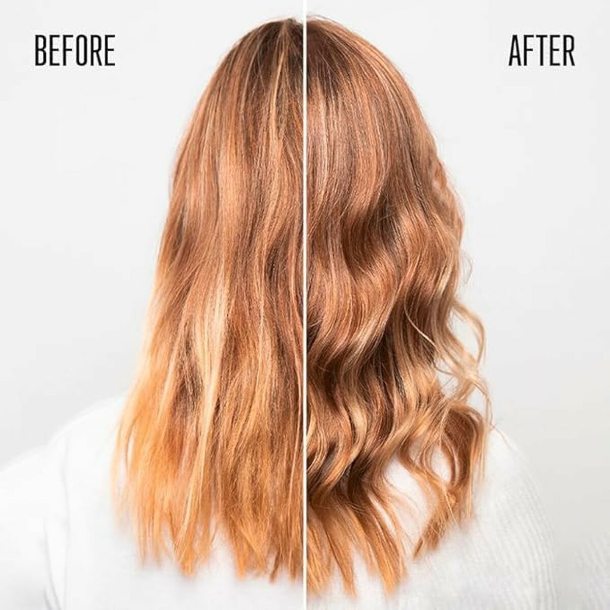 Before and after hair transformation using Schwarzkopf BC COLOR FREEZE masque for revitalizing colored hair.