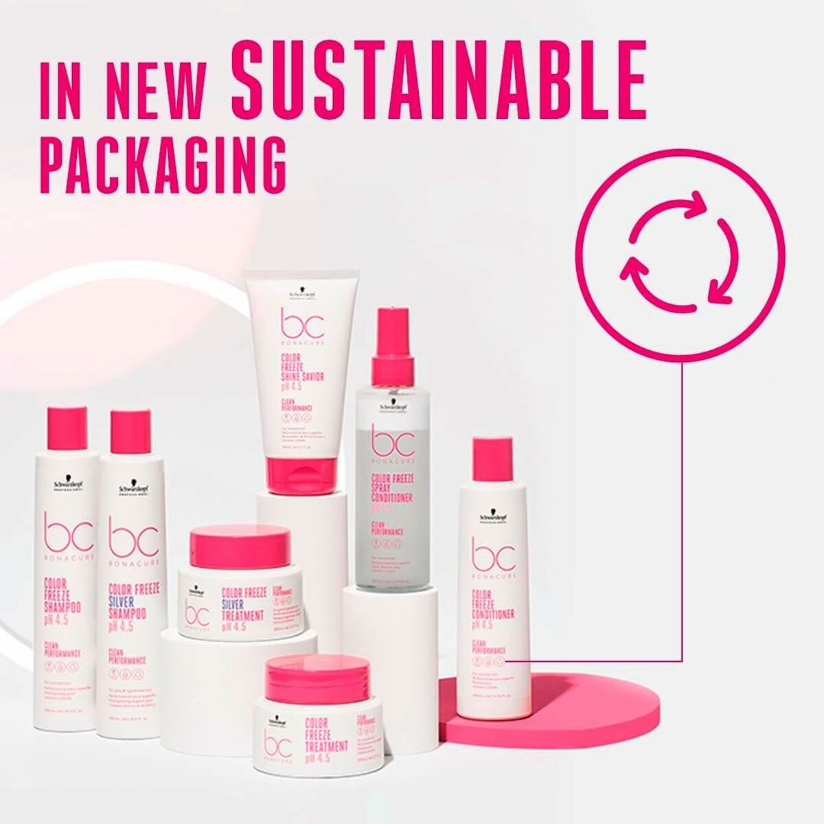 Schwarzkopf BC Color Freeze products displayed in new sustainable packaging.