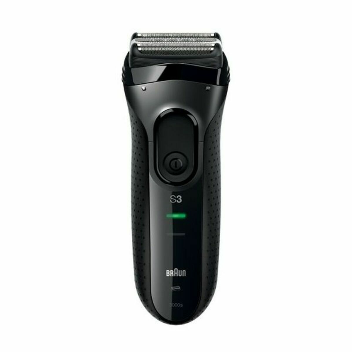 Rasoir électrique Braun Series 3 3000S noir avec afficheur de batterie et design ergonomique en acier inoxydable.
