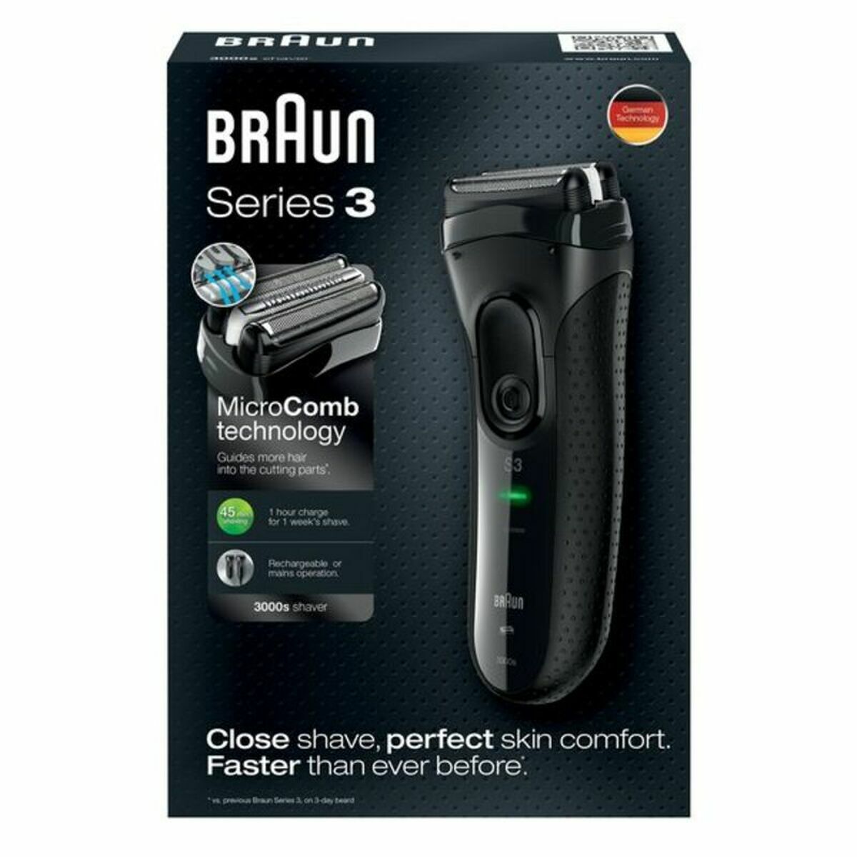 Rasoir électrique Braun Series 3 3000S avec technologie MicroComb, charge rapide, conçu pour un rasage efficace en douceur.