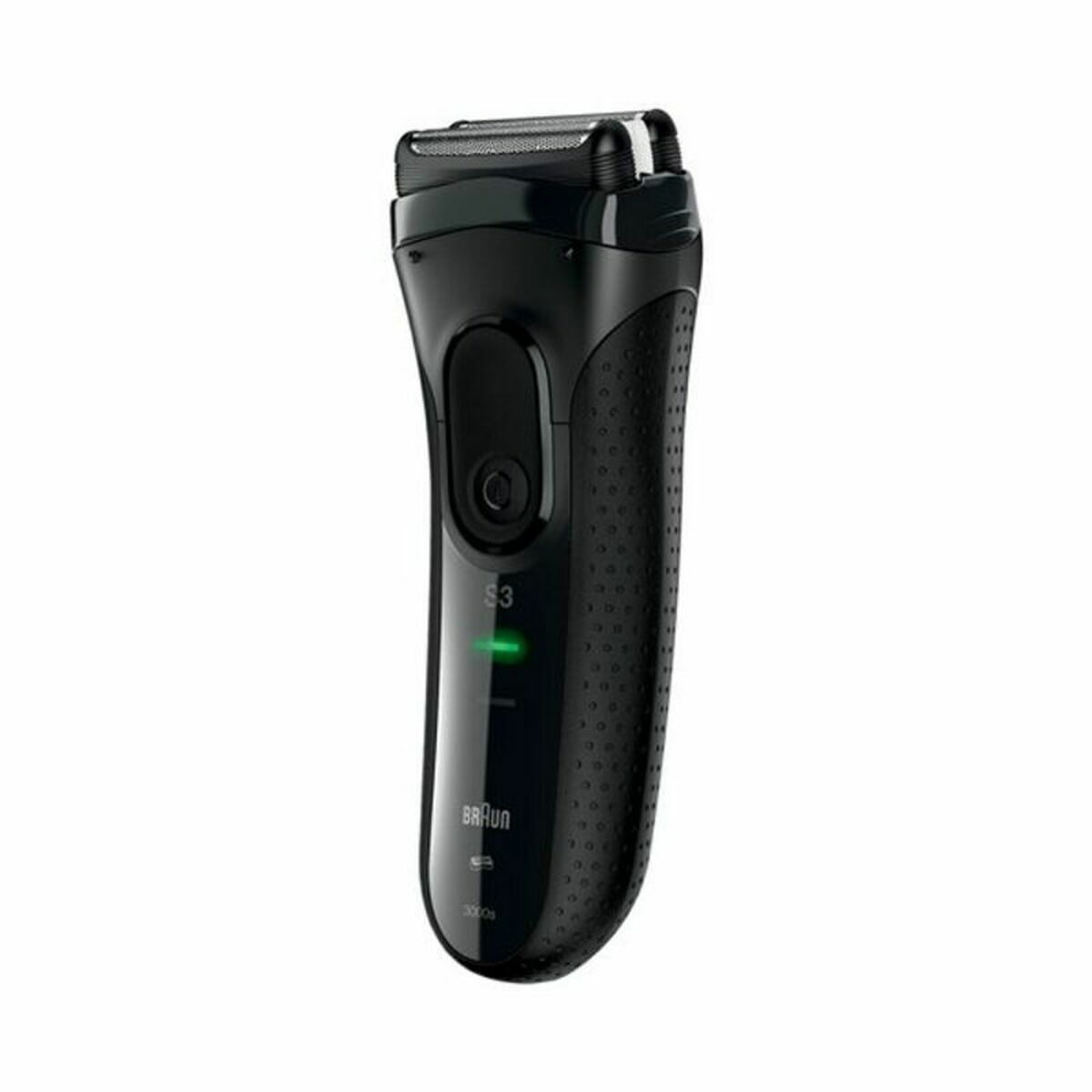 Rasoir électrique Braun Series 3 3000S en noir, avec indicateur de batterie et design ergonomique.