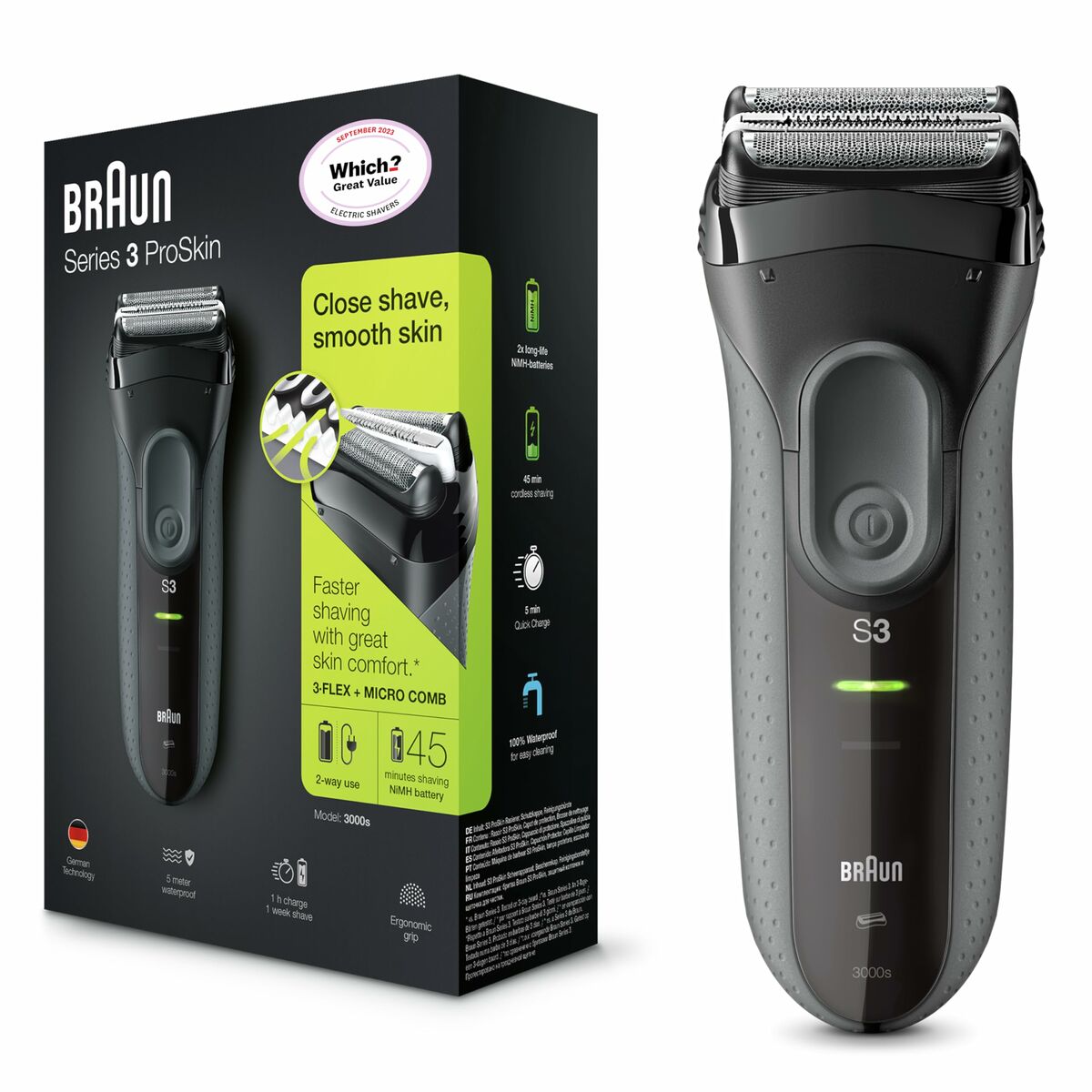 Rasoir électrique Braun Series 3 3000S, noir, en acier inoxydable, avec recharge rapide et indicateur de batterie.