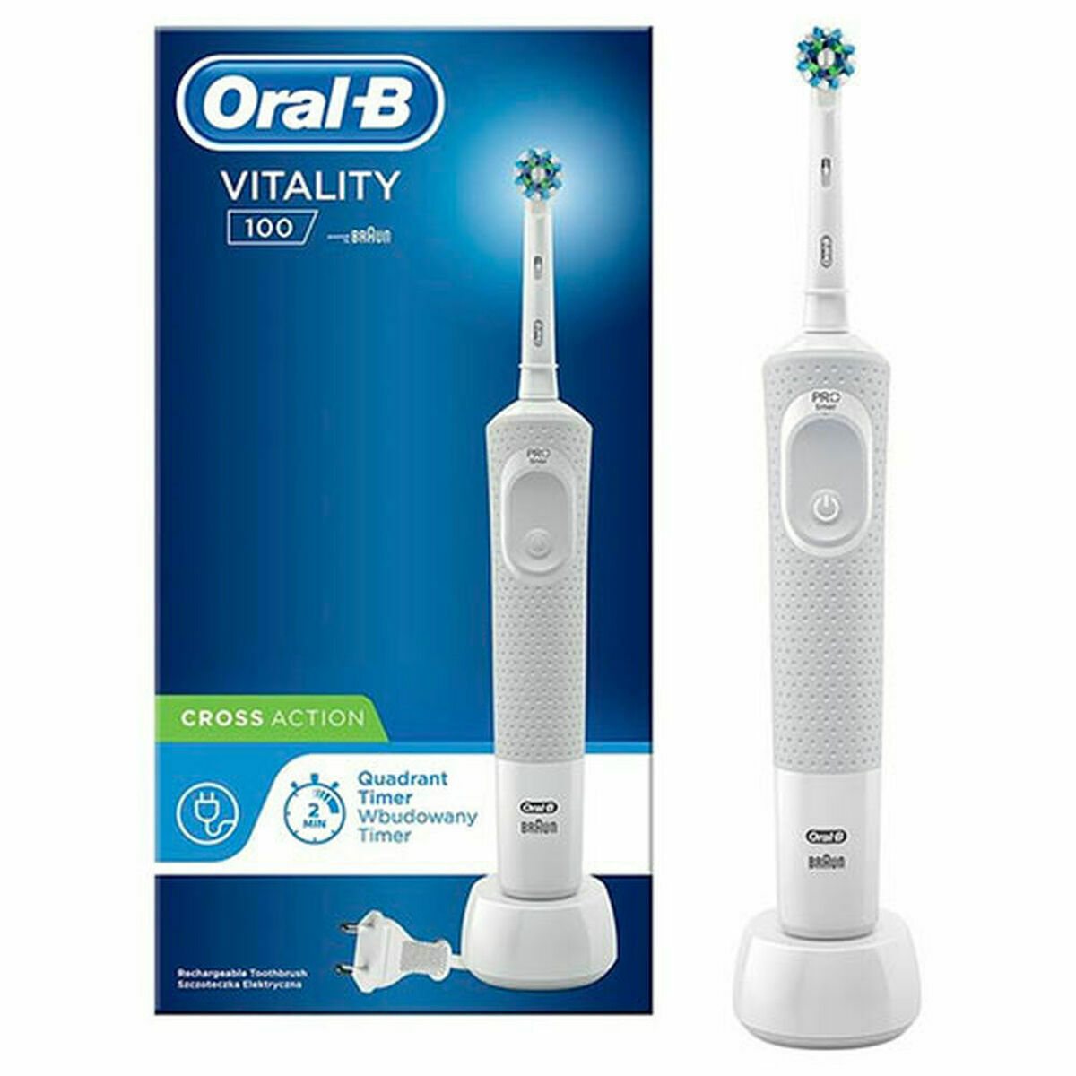 Brosse à dents électrique Oral-B Vitality 100 avec minuterie, couleur blanche, design moderne, incluant chargeur.
