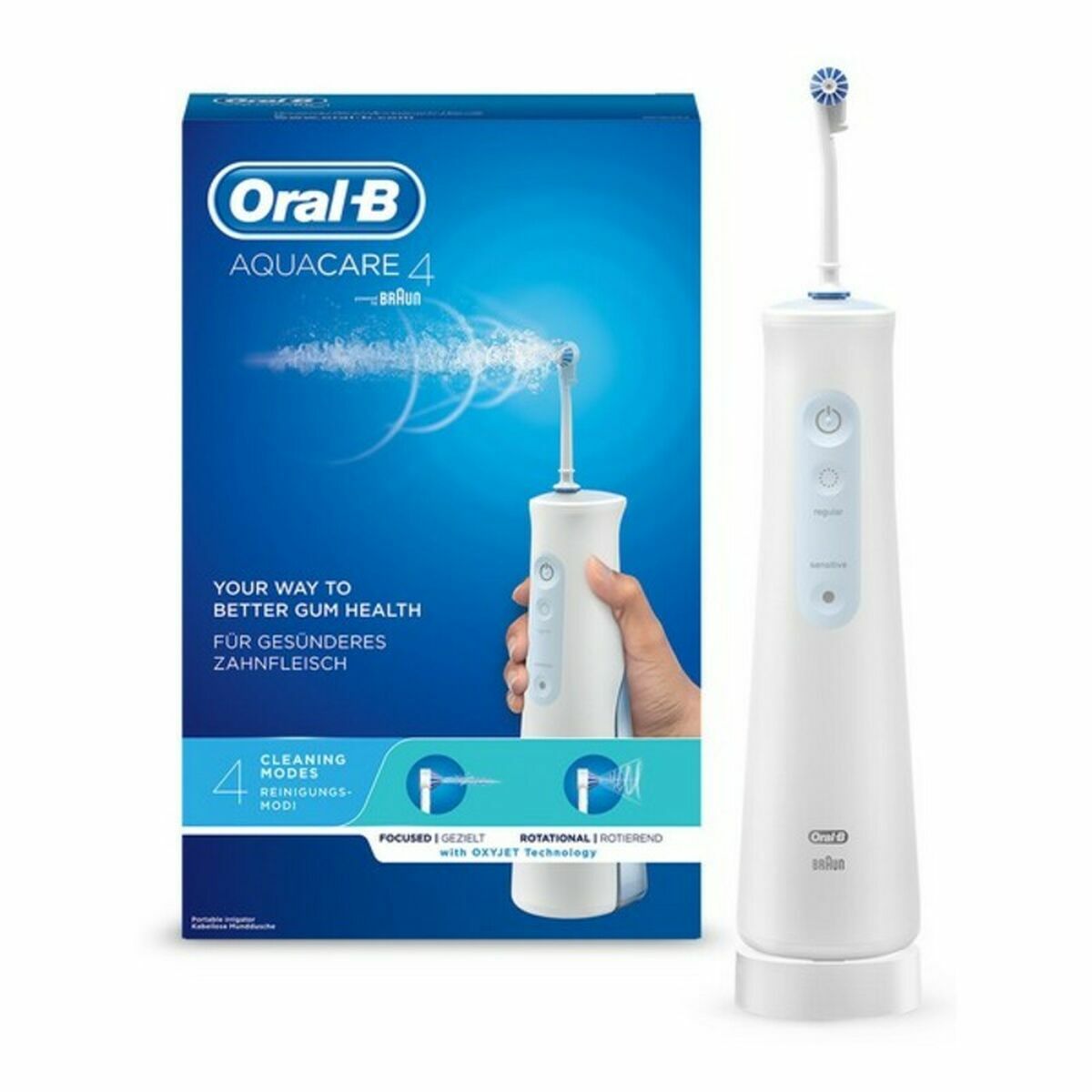 Brosse à dents électrique Oral-B Aquacare 4 avec boîte, hydropulseur dentaire sans fil, 4 modes de nettoyage.