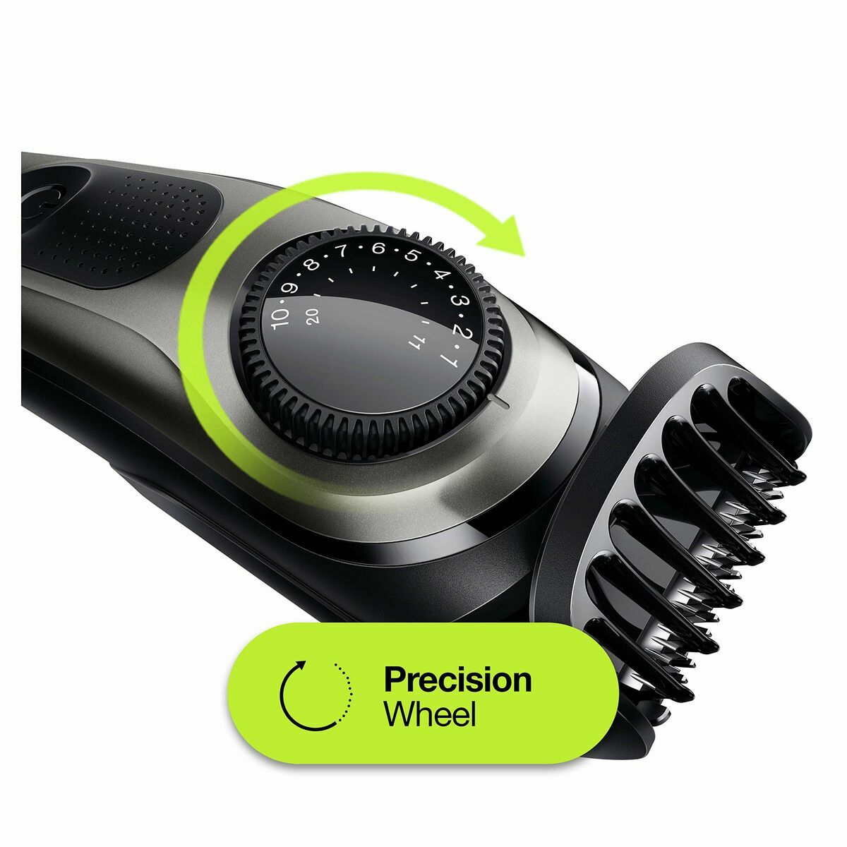 Tondeuse Braun BT3000 close-up showing precision wheel for adjustable cutting lengths.