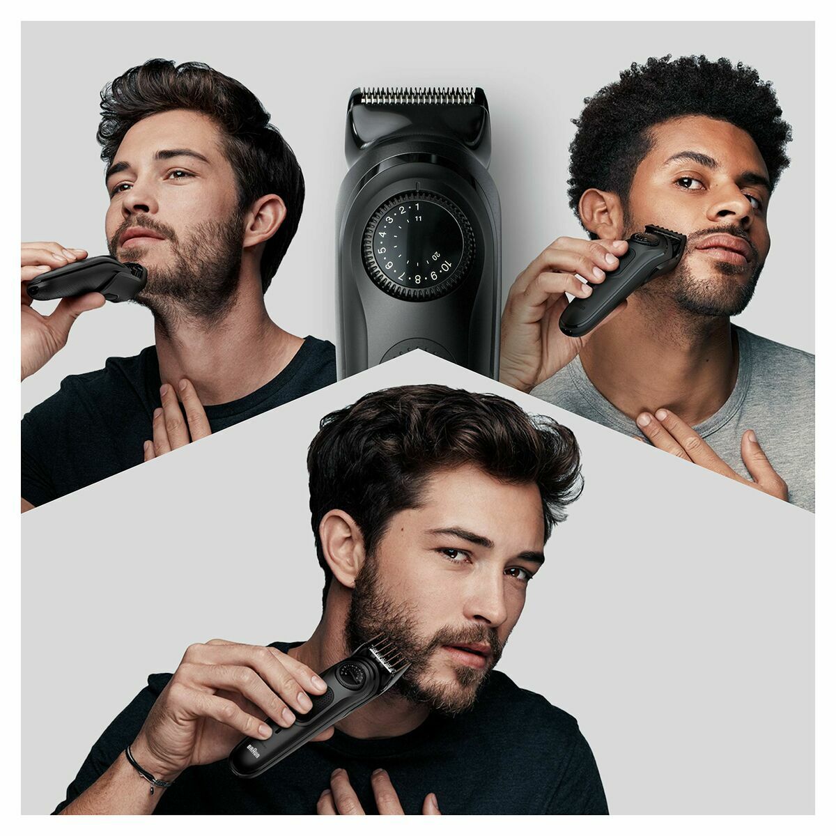 Image showcasing the Braun BT3000 trimmer being used by various men for grooming and beard styling.