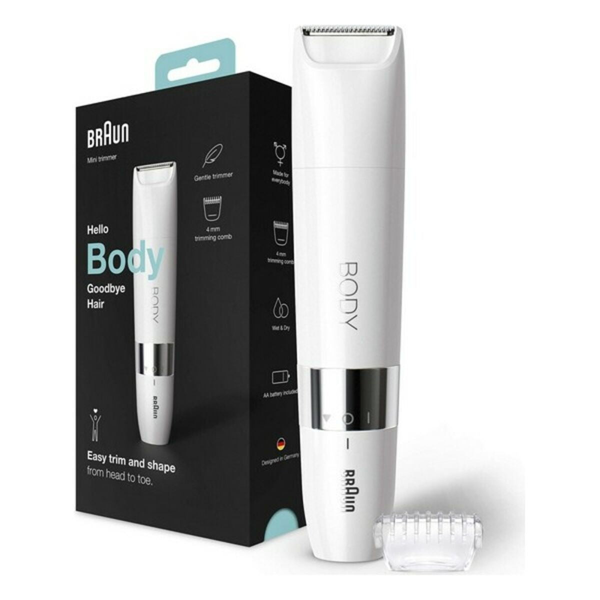 Épilateur électrique Braun BS1000 Blanc avec boîte, idéal pour l'hygiène intime, lavable, usage humide et sec.