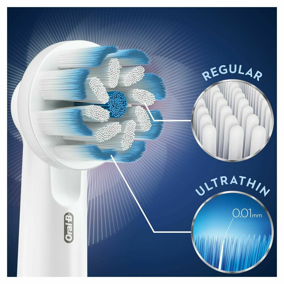 Brosse à dents électrique Oral-B EB60-6FFS montrant des poils réguliers et ultrafins pour une meilleure hygiène buccale.