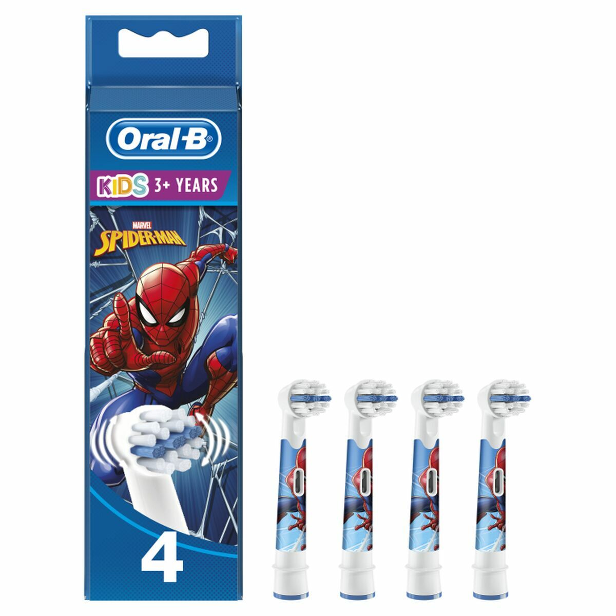 Rechange brosse à dents électrique Oral-B Kids Spiderman, 4 unités pour enfants de 3 ans et plus.