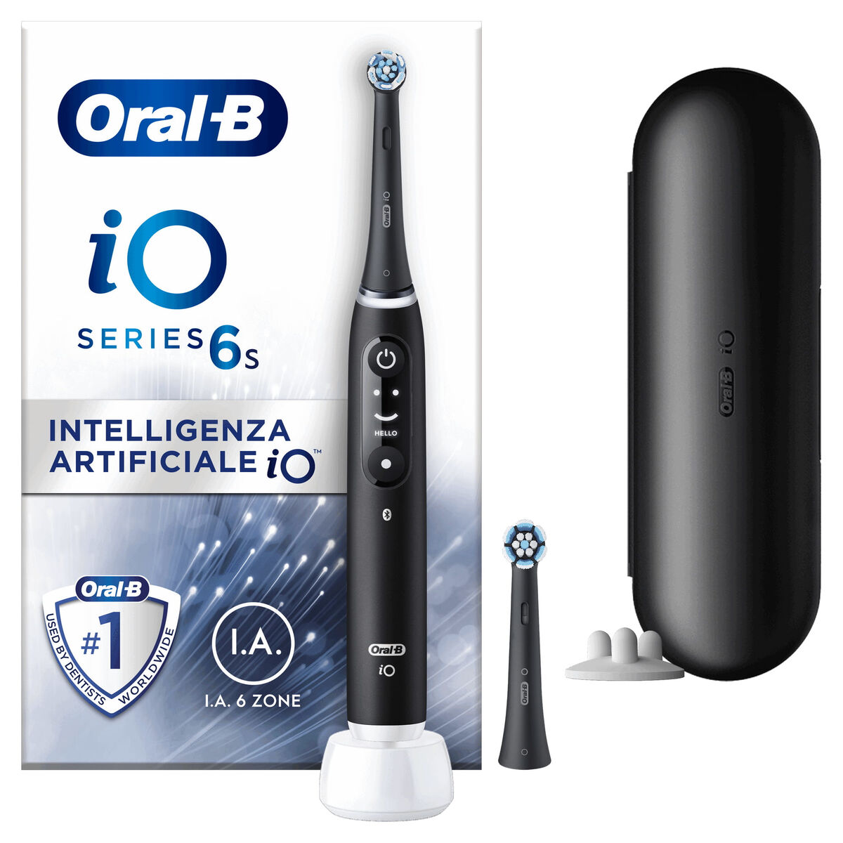 Brosse à dents électrique Oral-B IO6S en noir avec étui, tête de brosse et fonctionnalités avancées.