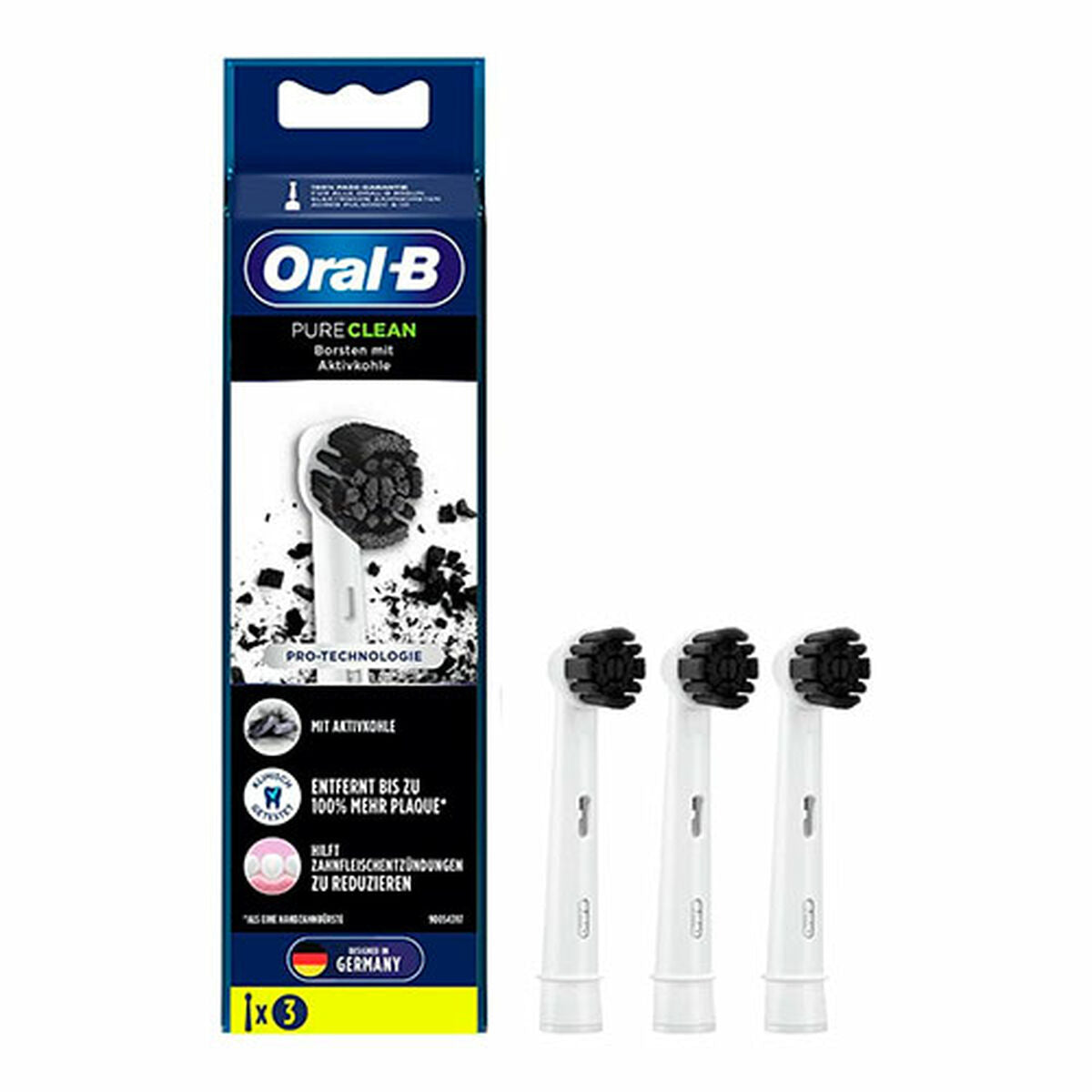 Pack of 3 Oral-B Pure Clean toothbrush heads featuring activated charcoal for superior plaque removal.