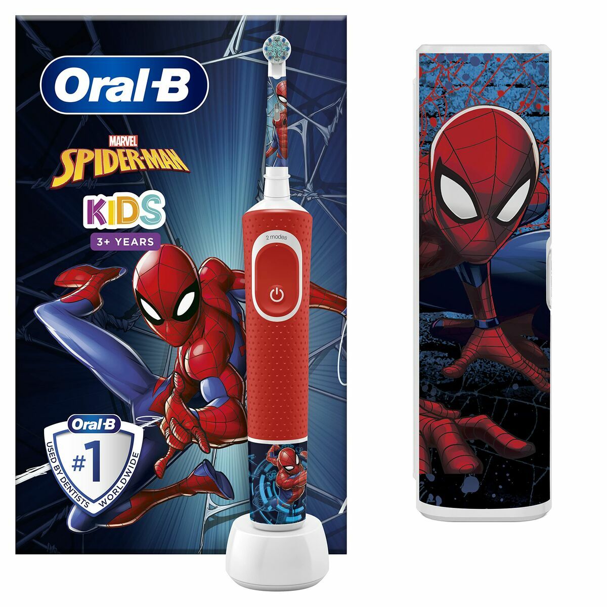 Brosse à dents électrique Oral-B pour enfants avec thème Spider-Man, boîte colorée et design ludique.