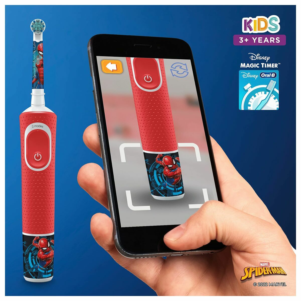 Brosse à dents électrique Oral-B D100 KIDS avec design Spider-Man et application Magic Timer pour enfants.