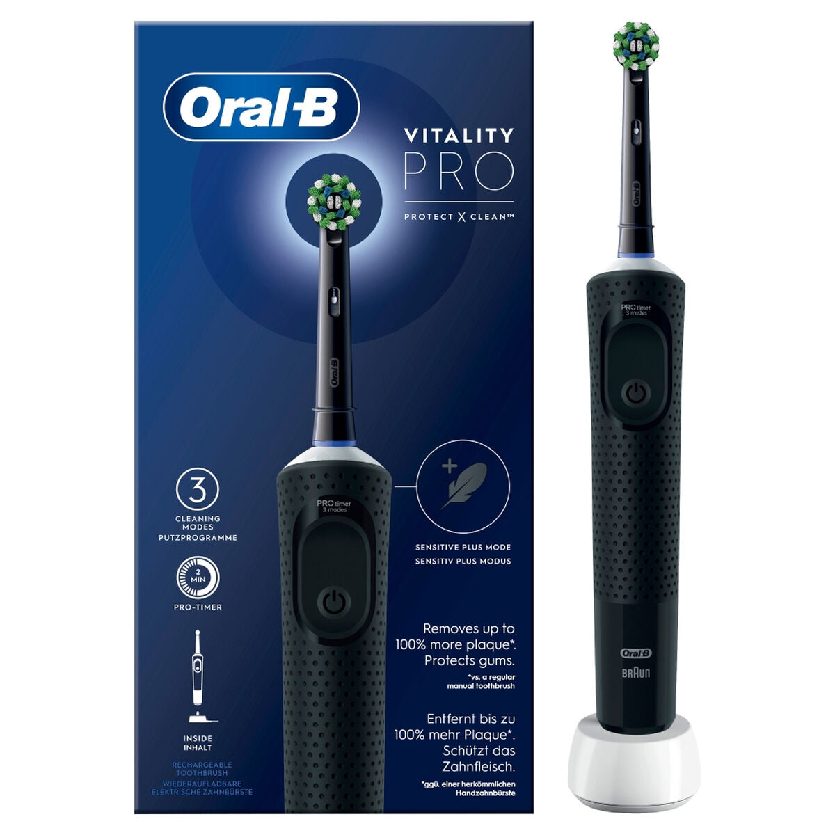 Brosse à dents électrique Braun Vitality PRO avec emballage, technologie avancée pour un nettoyage efficace.