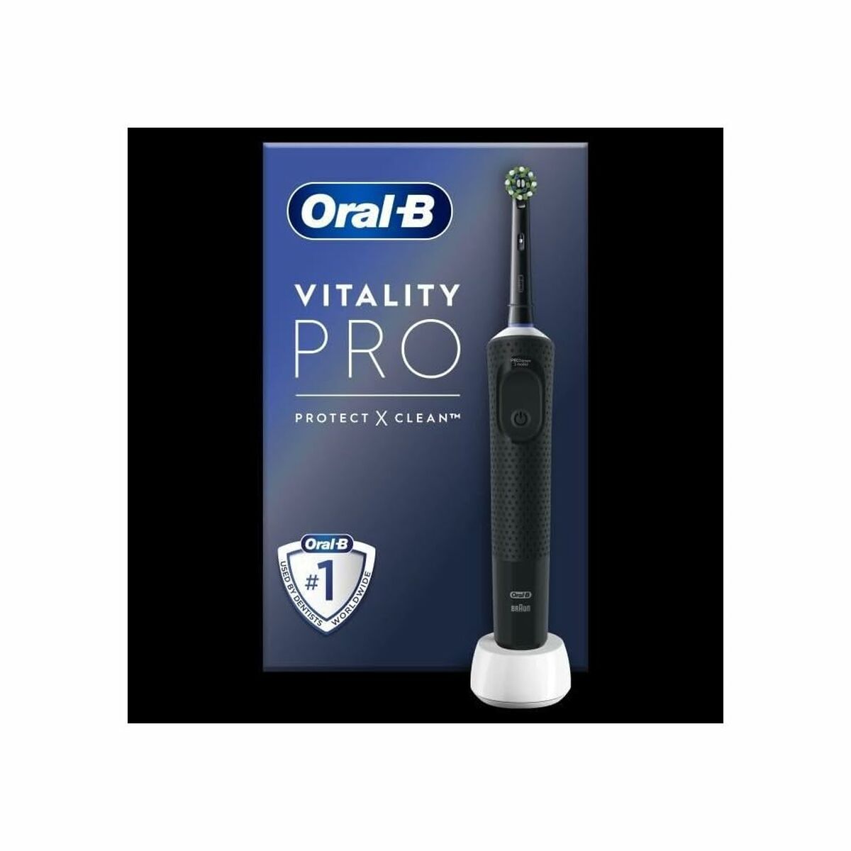 Brosse à dents électrique Oral-B Vitality PRO avec design noir et station de charge.