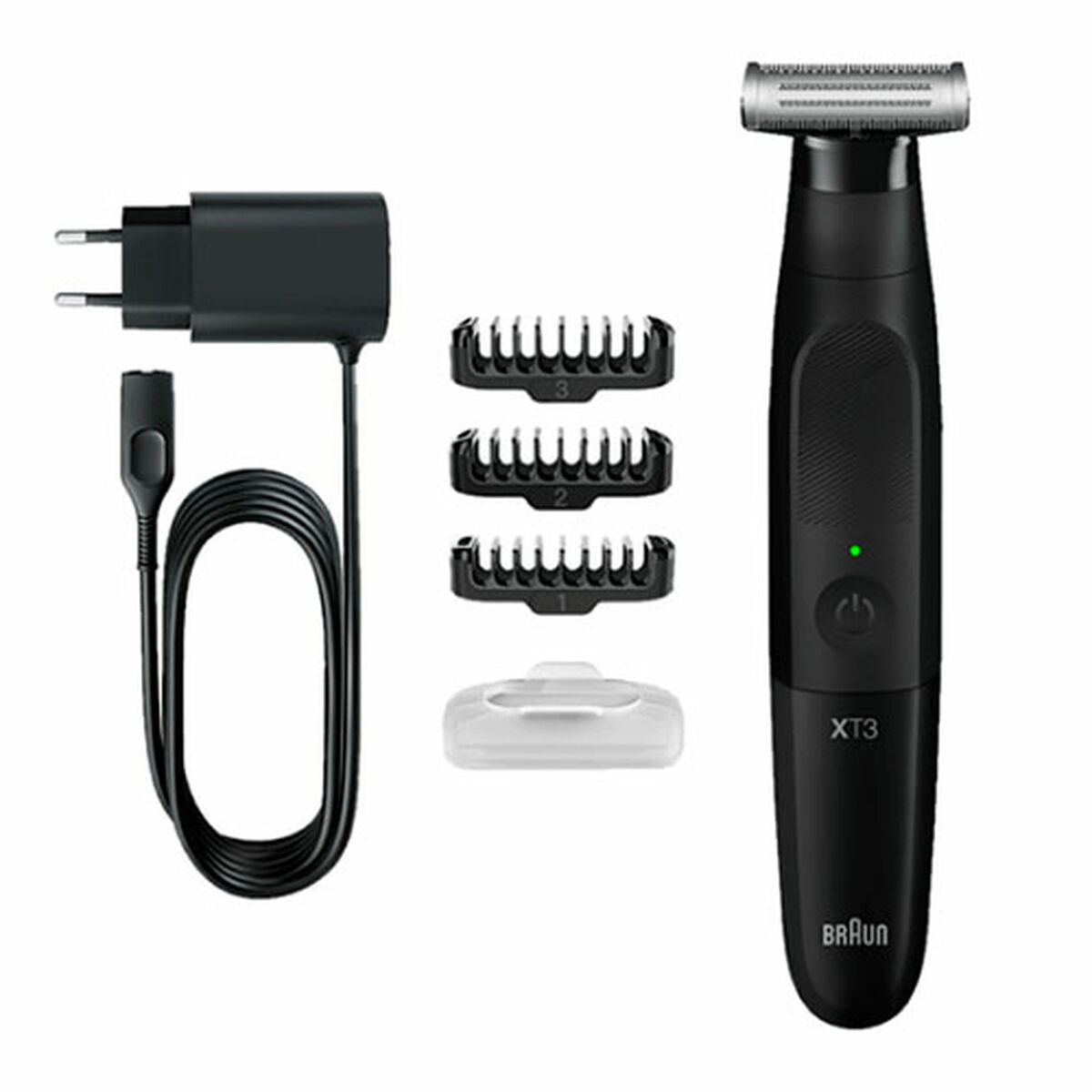 Braun Series X XT3100 wet & dry razor with charger, comb attachments, and protective cover.