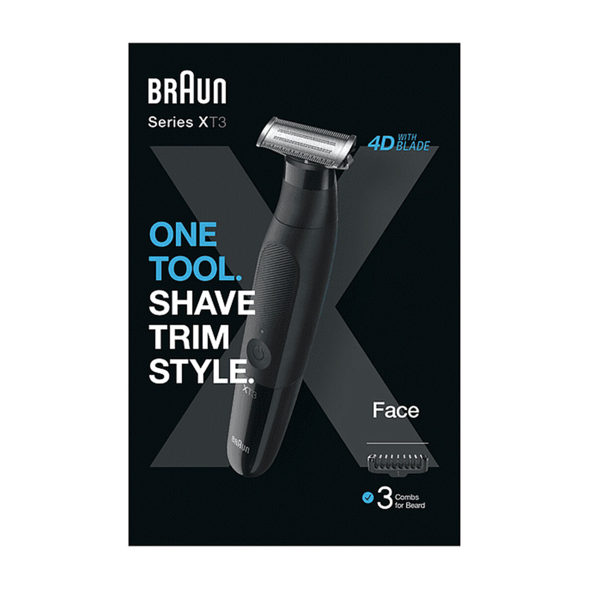 Braun Series XT3 razor packaging showcasing a versatile tool for shaving, trimming, and styling with a 4D blade.