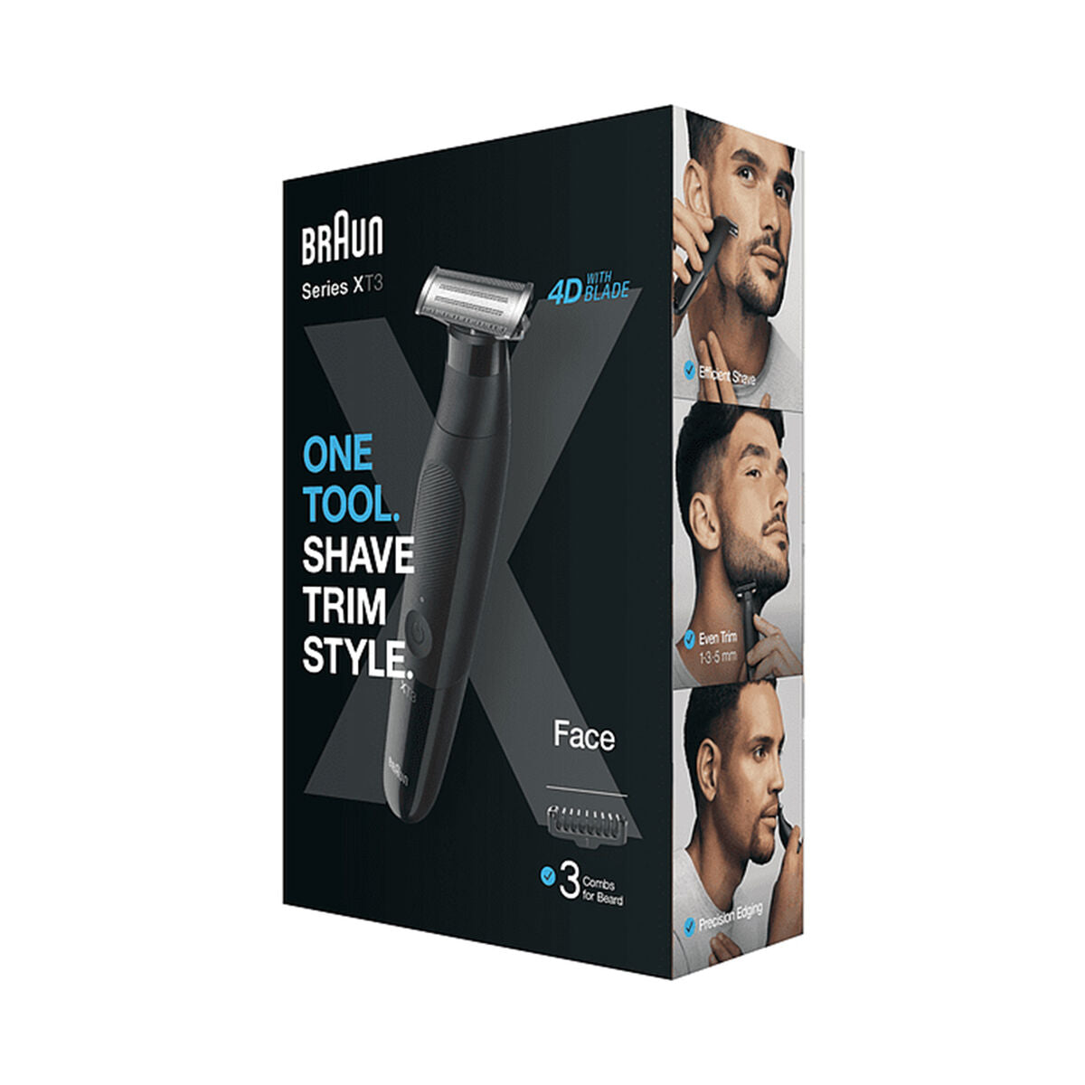 Braun Series X XT3100 Wet & Dry razor packaging showcasing its multi-functional design for shaving and styling.
