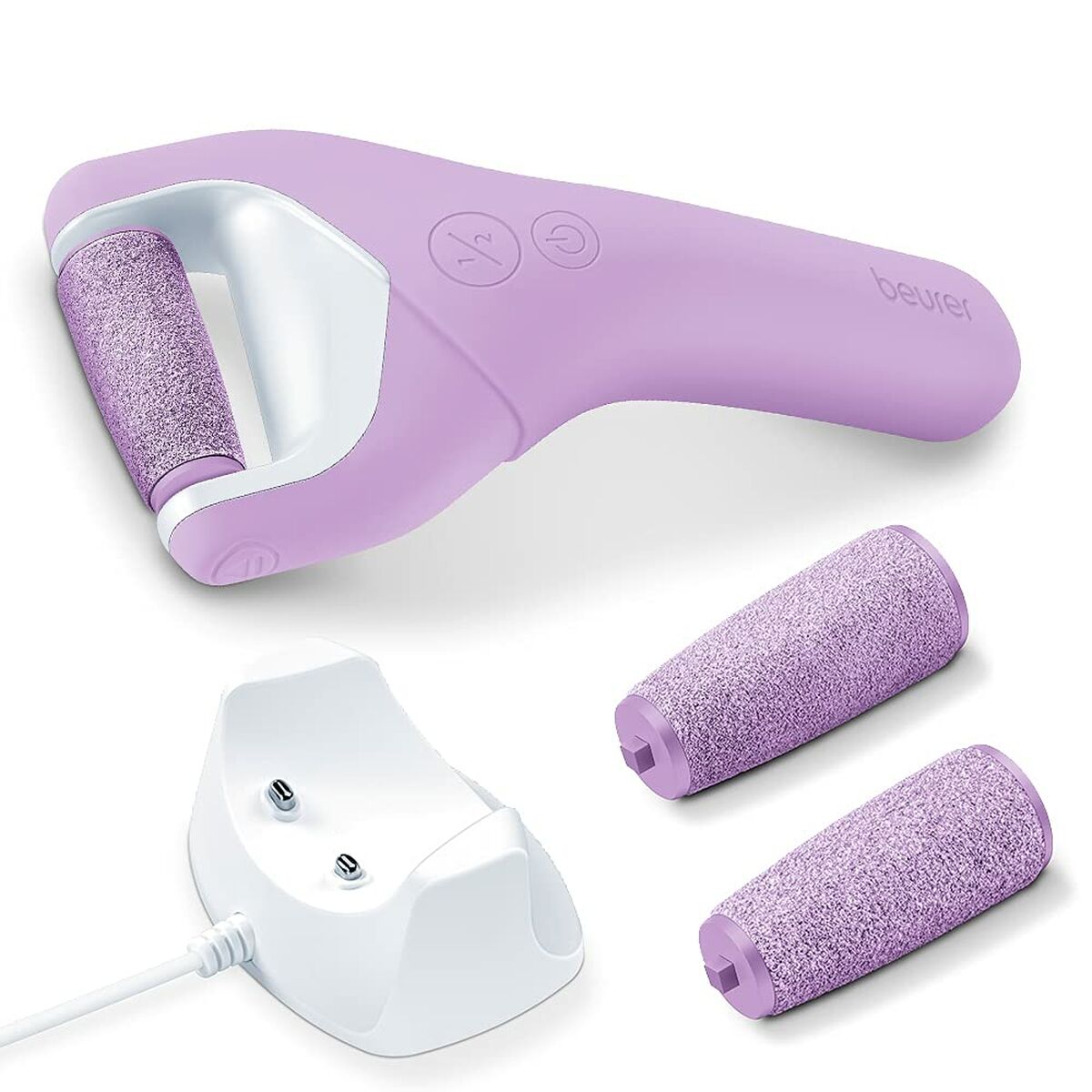 Appareil à pédicure électrique Beurer MP59 en rose violet avec rouleaux de rechange et base de chargement