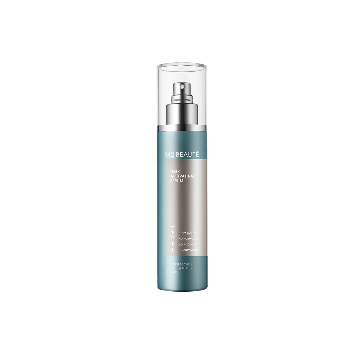 M2 Beauté Activating Hair Serum in sleek packaging, designed to enhance hair beauty and dose without silicones or parabens.