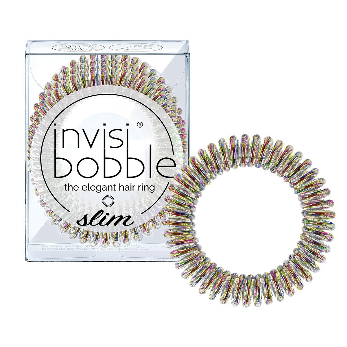 Élastique à cheveux Invisibobble Slim Pretty dark dans son emballage élégant, idéal pour un style chic et pratique.