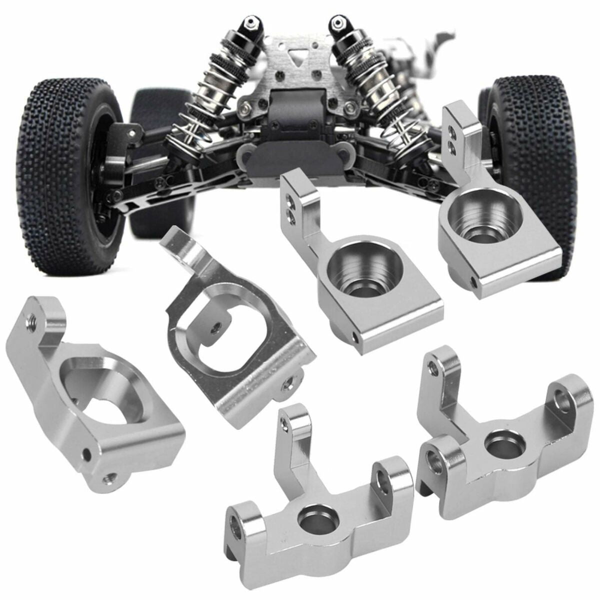 Pares de piezas de repuesto para coche RC, incluyendo soporte de aluminio y componentes mecánicos en primer plano.