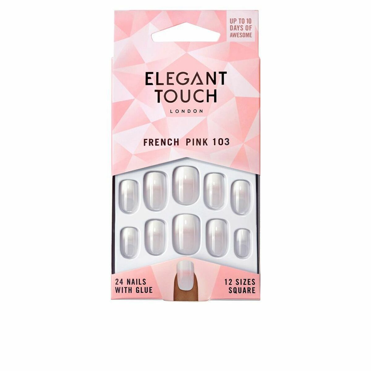 Faux ongles Elegant Touch French Pink 103, 24 pièces, 12 tailles, avec colle, pour un look élégant.