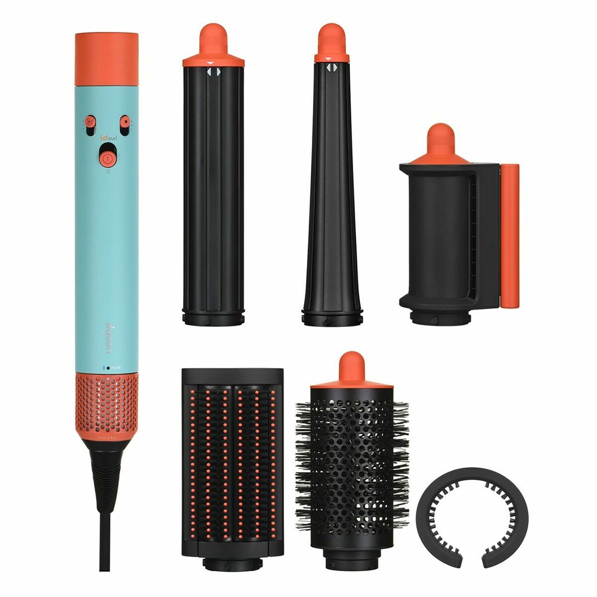 Dyson AIRWRAP styling tool set with various interchangeable attachments for versatile hair styling.
