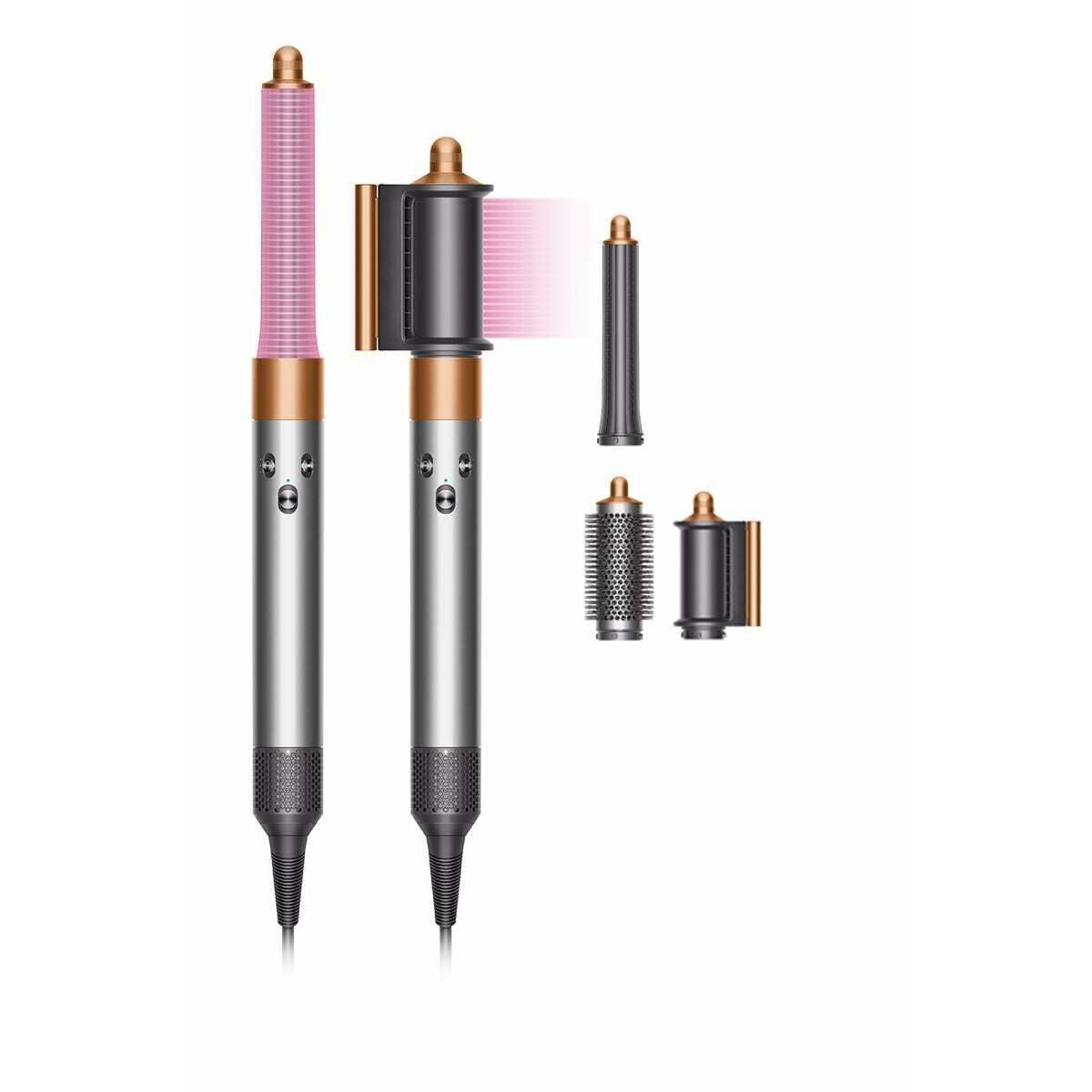 Brosse à coiffer Dyson AIRWRAP avec accessoires, couleur nickel et rose, 1300 W, 3 vitesses, idéale pour créer des coiffures variées.