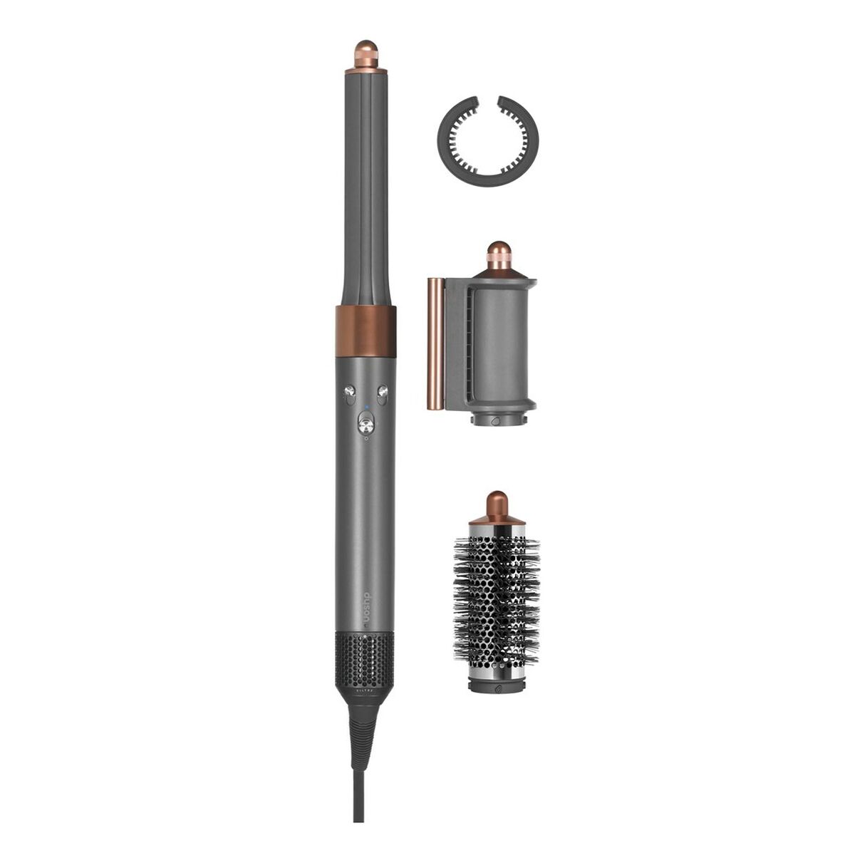 Dyson AIRWRAP LONG 1300 W styling brush with attachments in nickel and copper colors.