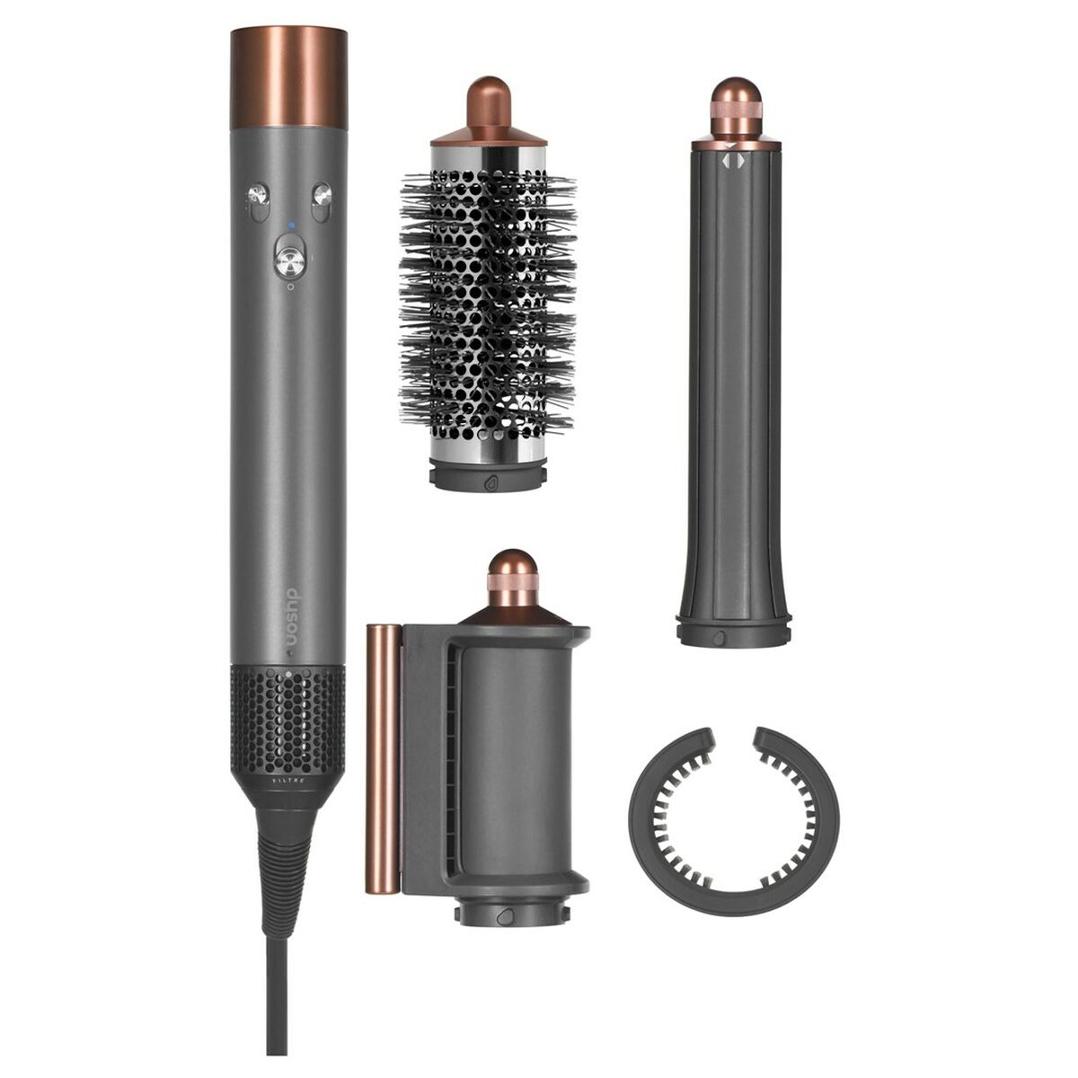 Brosse à coiffer Dyson AIRWRAP LONG ORIGIN 1300W avec accessoires amovibles en couleur nickel et cuivre.