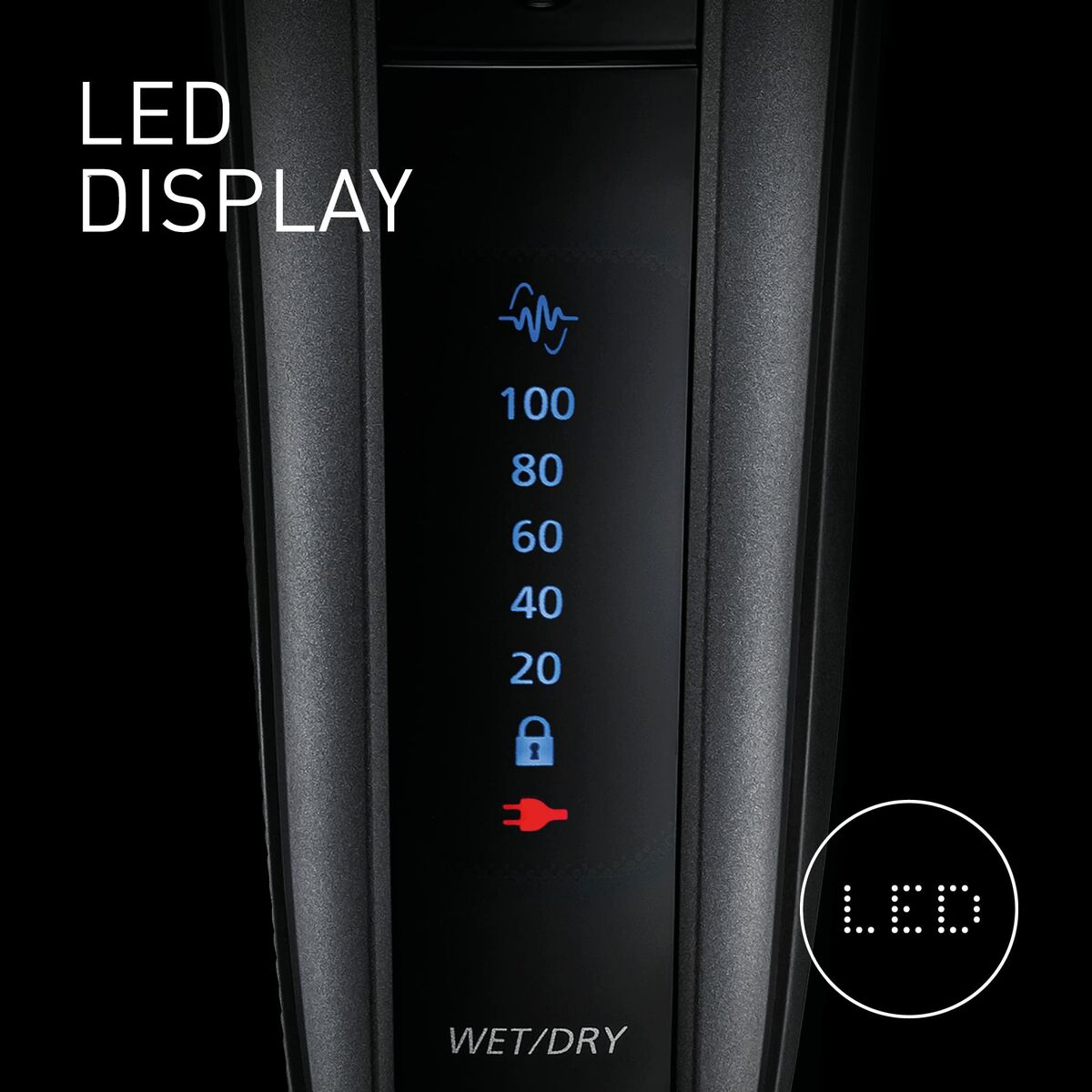 LED display for wet/dry function indicating battery level on Panasonic ES-LS9A-K803 peignoir.