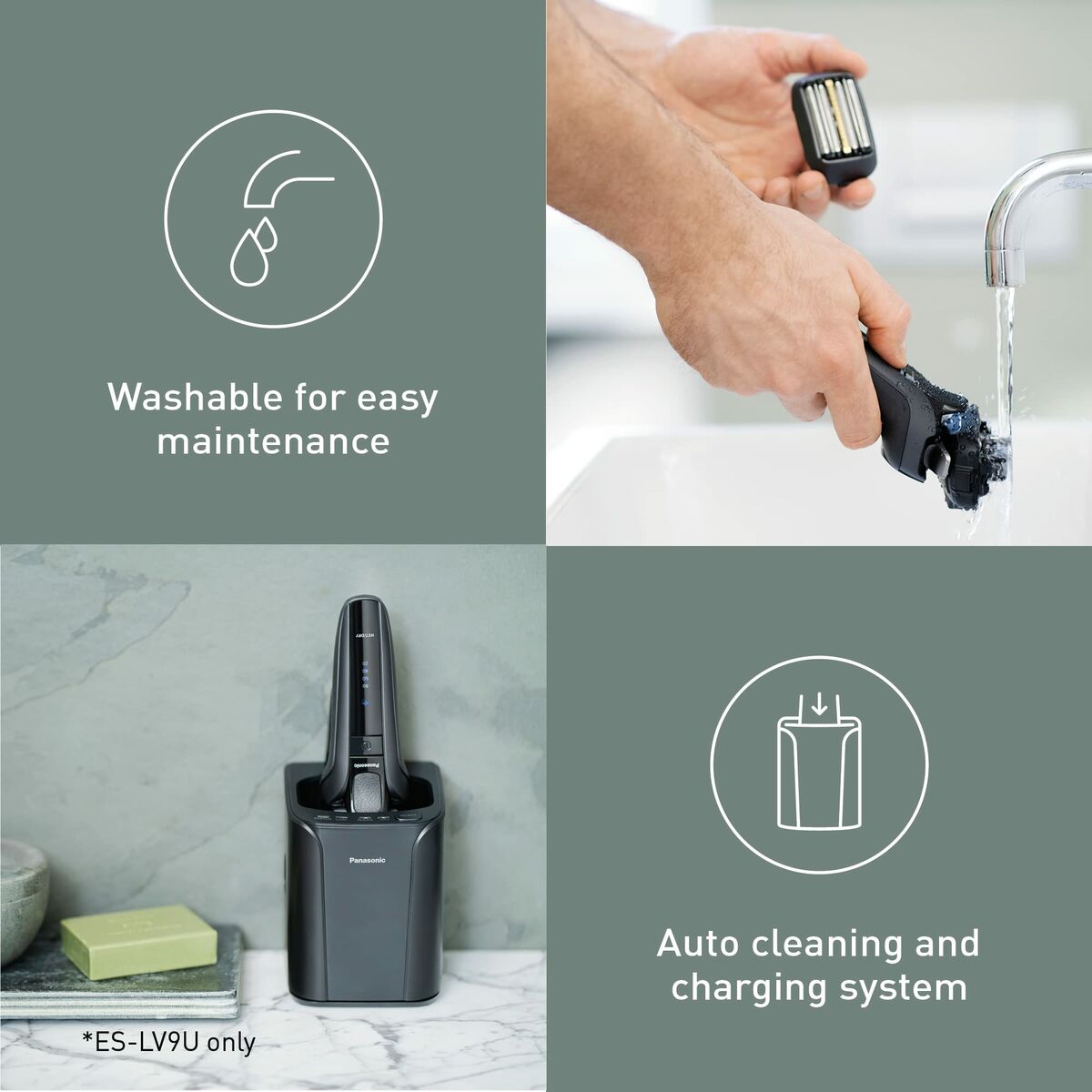 Panasonic ES-LV9U shaver features: washable for easy maintenance and auto cleaning and charging system.