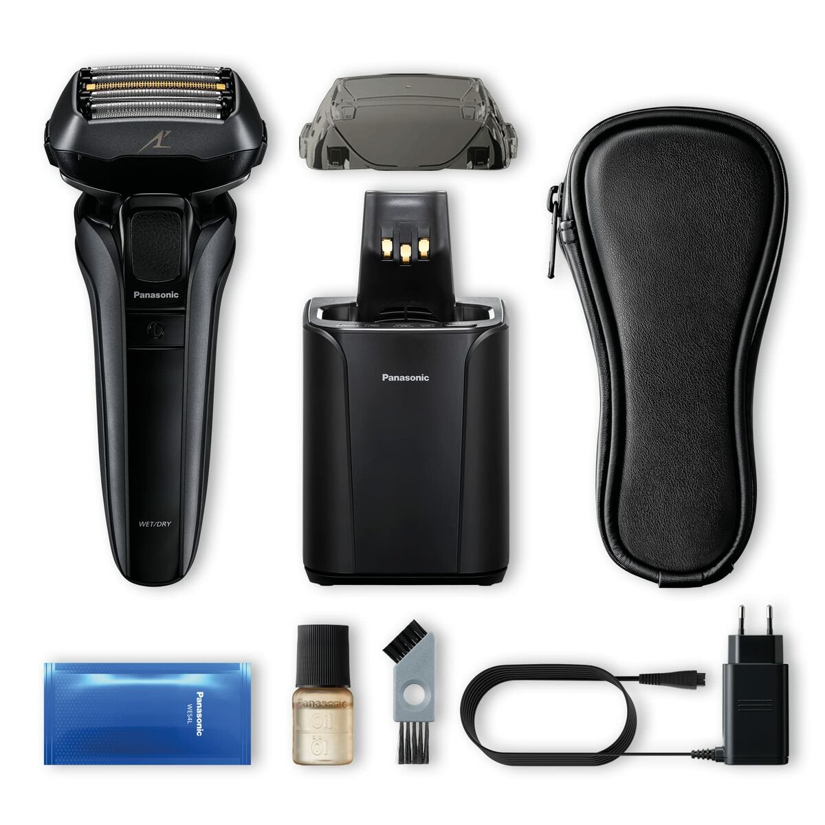 Panasonic ES-LS9A-K803 bathrobe and accessories including razor, charging dock, and care items.