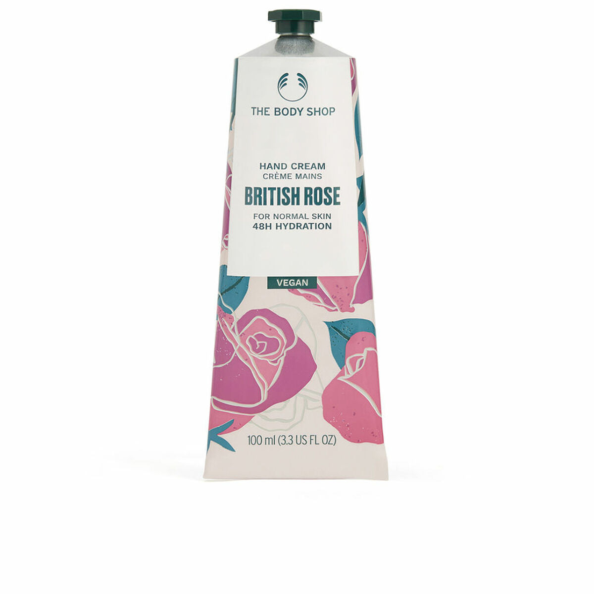 Lotion mains vegan The Body Shop British Rose 100 ml, crème hydratante pour peau normale, 48H d'hydratation.