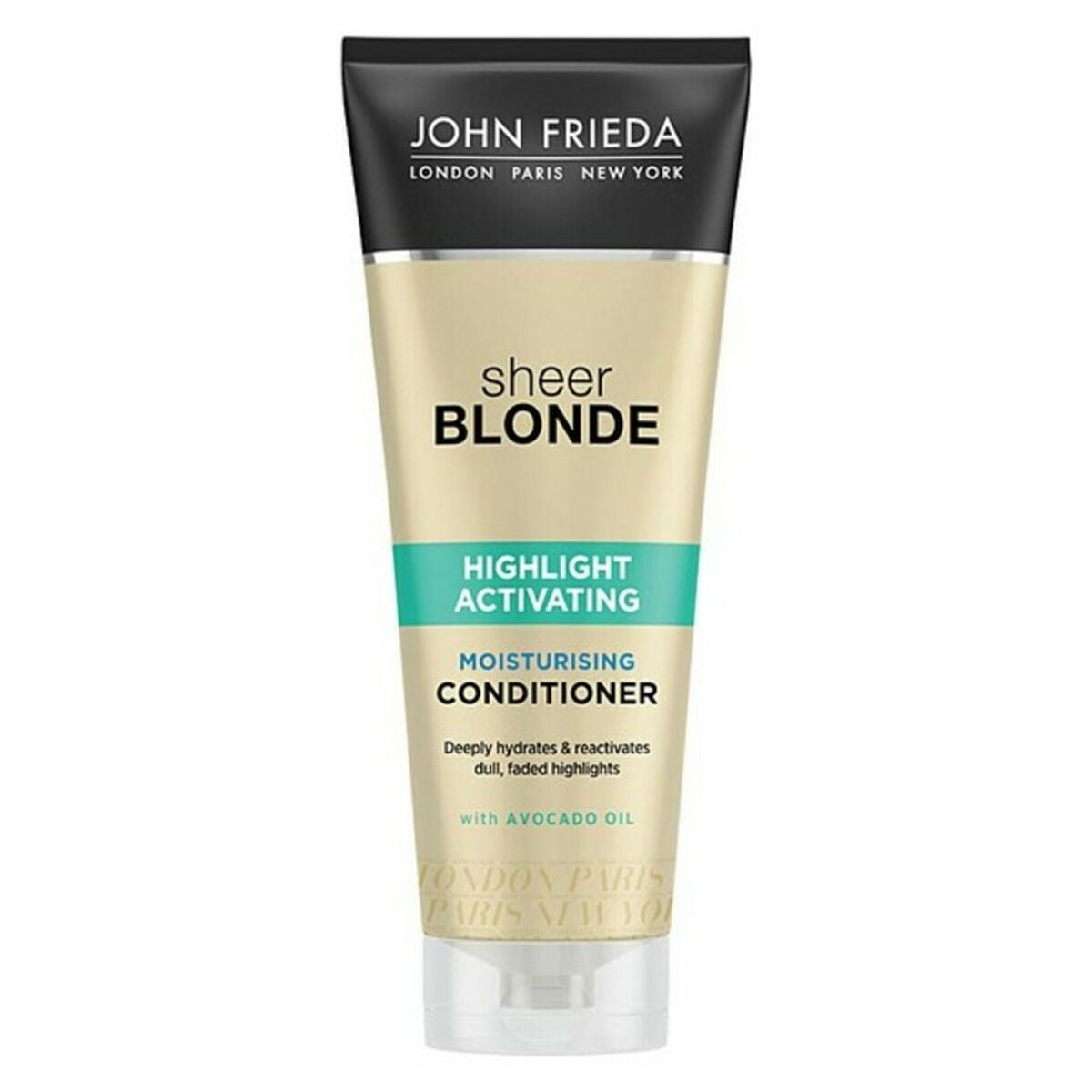 Après-shampooing John Frieda Sheer Blonde 250 ml pour hydrater et réactiver des mèches blondes avec huile d'avocat.