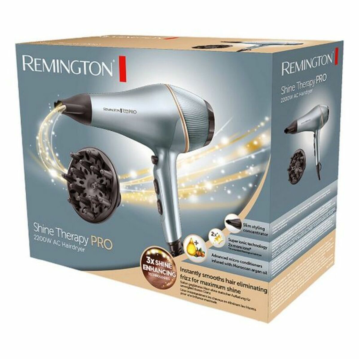 Sèche-cheveux Remington Shine Therapy PRO 2200W, emballage avec fonctions de brillance et accessoires.