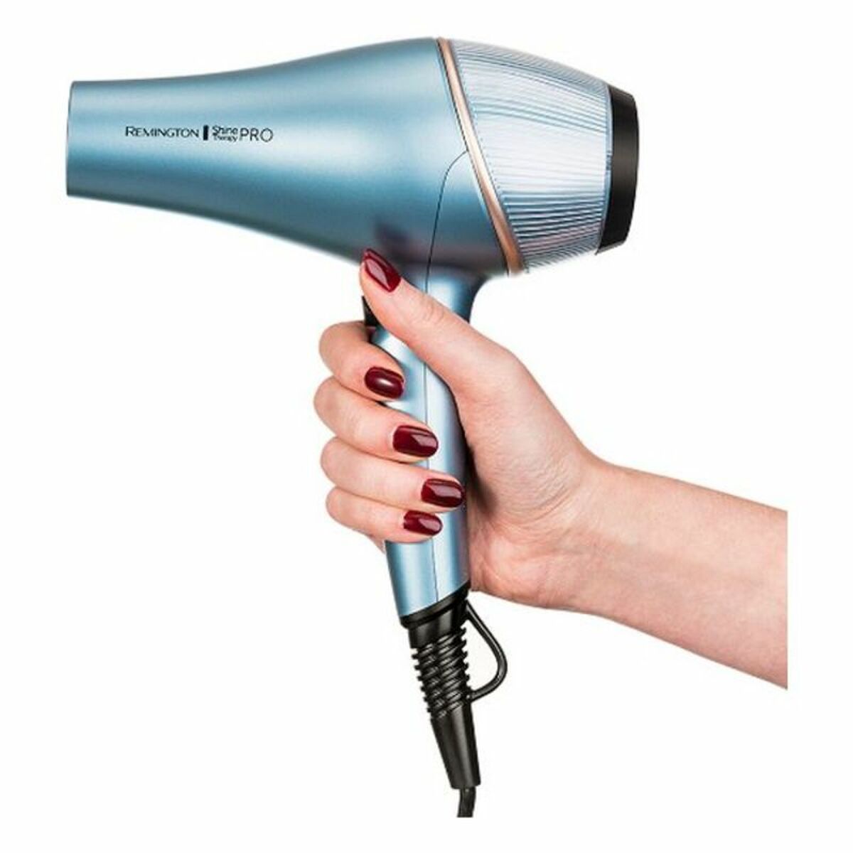 Main view of Remington 45683560100 hair dryer in blue, showcasing ergonomic handle and ion technology features.
