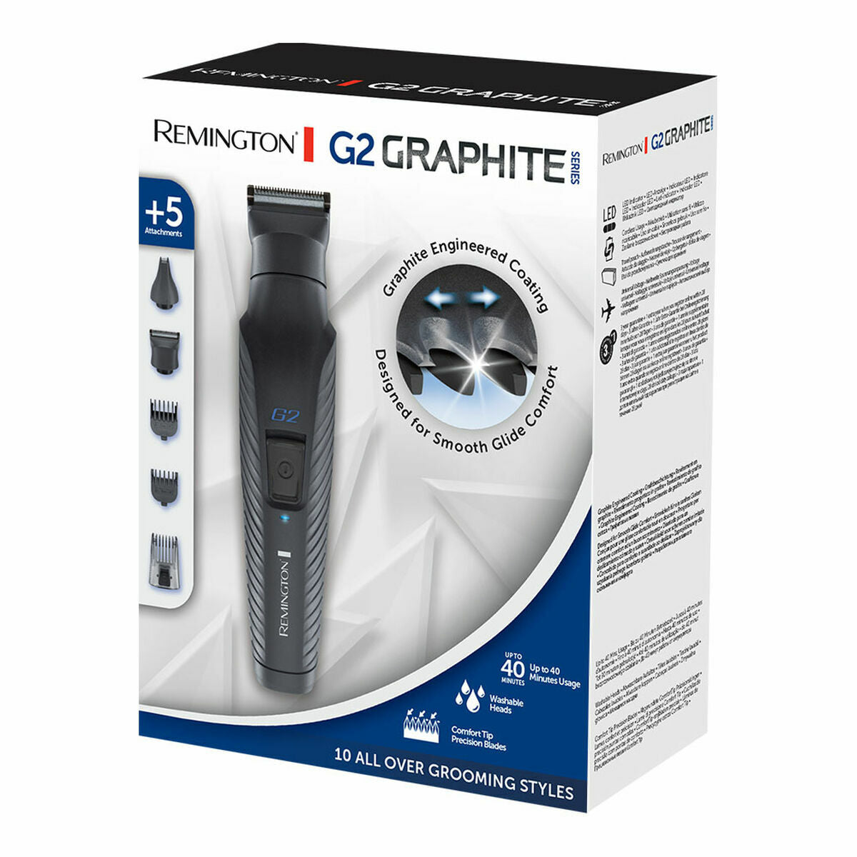 Remington G2 Graphite trimmer packaging showcasing 10 grooming styles, designed for smooth glide comfort and with +5 attachments.