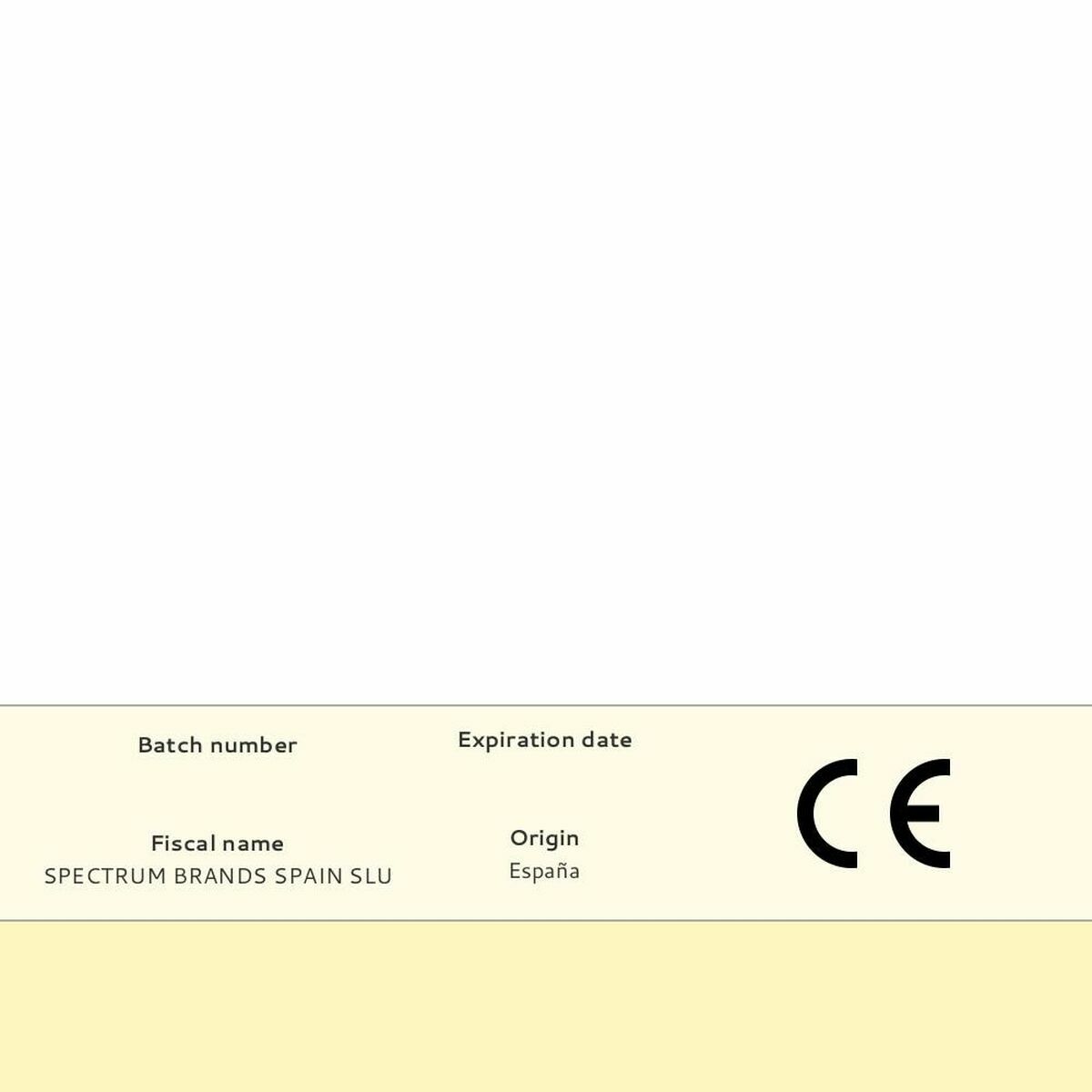 Label with batch number, expiration date, and origin details for Spectrum Brands Spain.