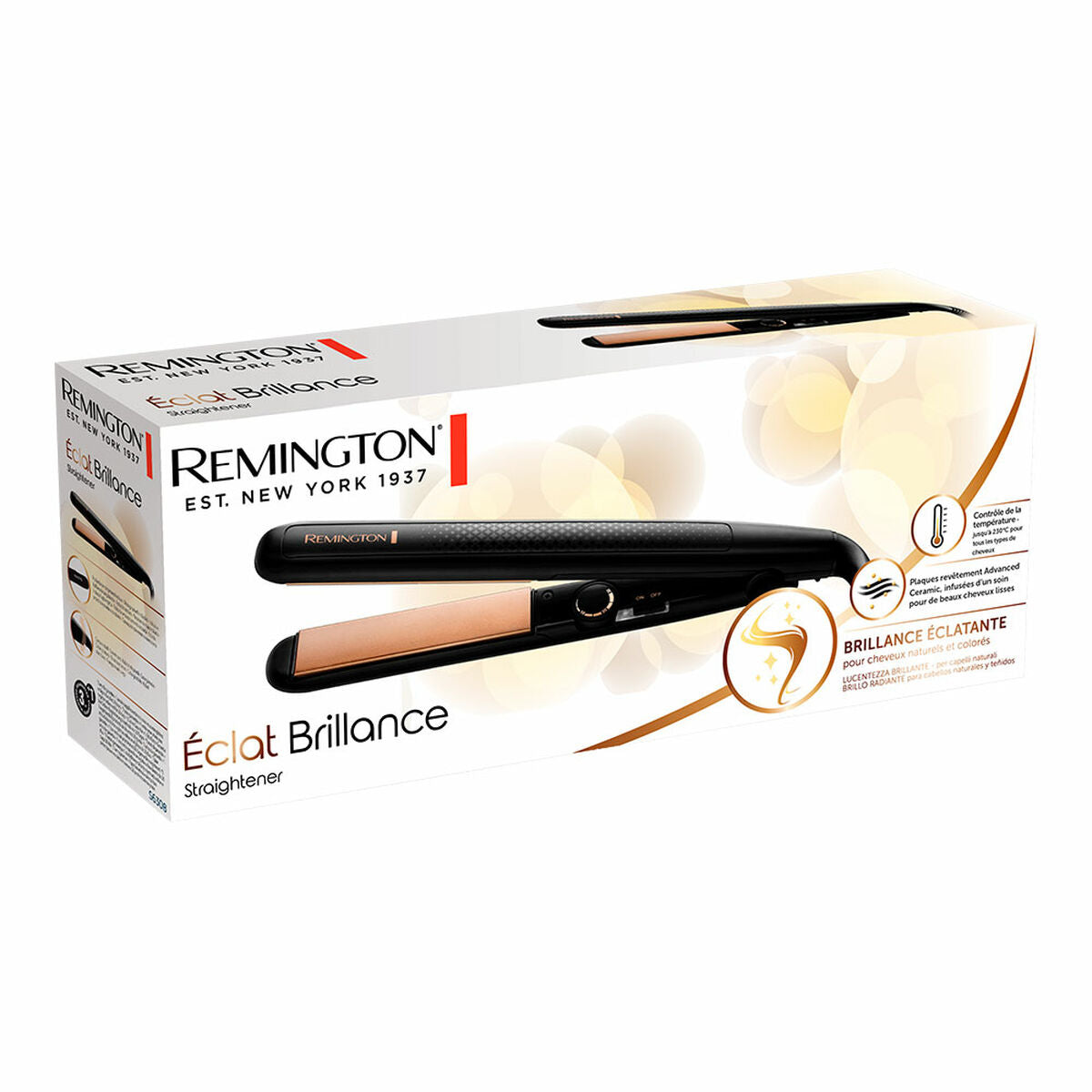 Emballage du lisseur à cheveux Remington Noir, modèle Éclat Brillance, avec caractéristiques de design élégant.
