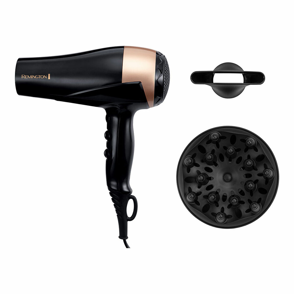 Sèche-cheveux Remington Noir 2200 W avec accessoire diffuseur et crochet pour suspendre.