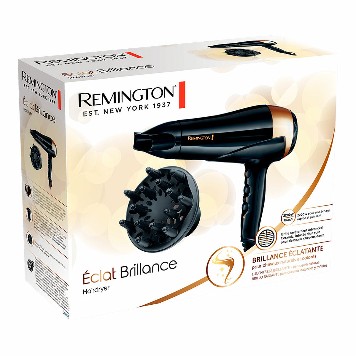 Sèche-cheveux Remington Noir 2200 W avec diffuseur, packaging élégant, 2 vitesses et 3 niveaux de température.