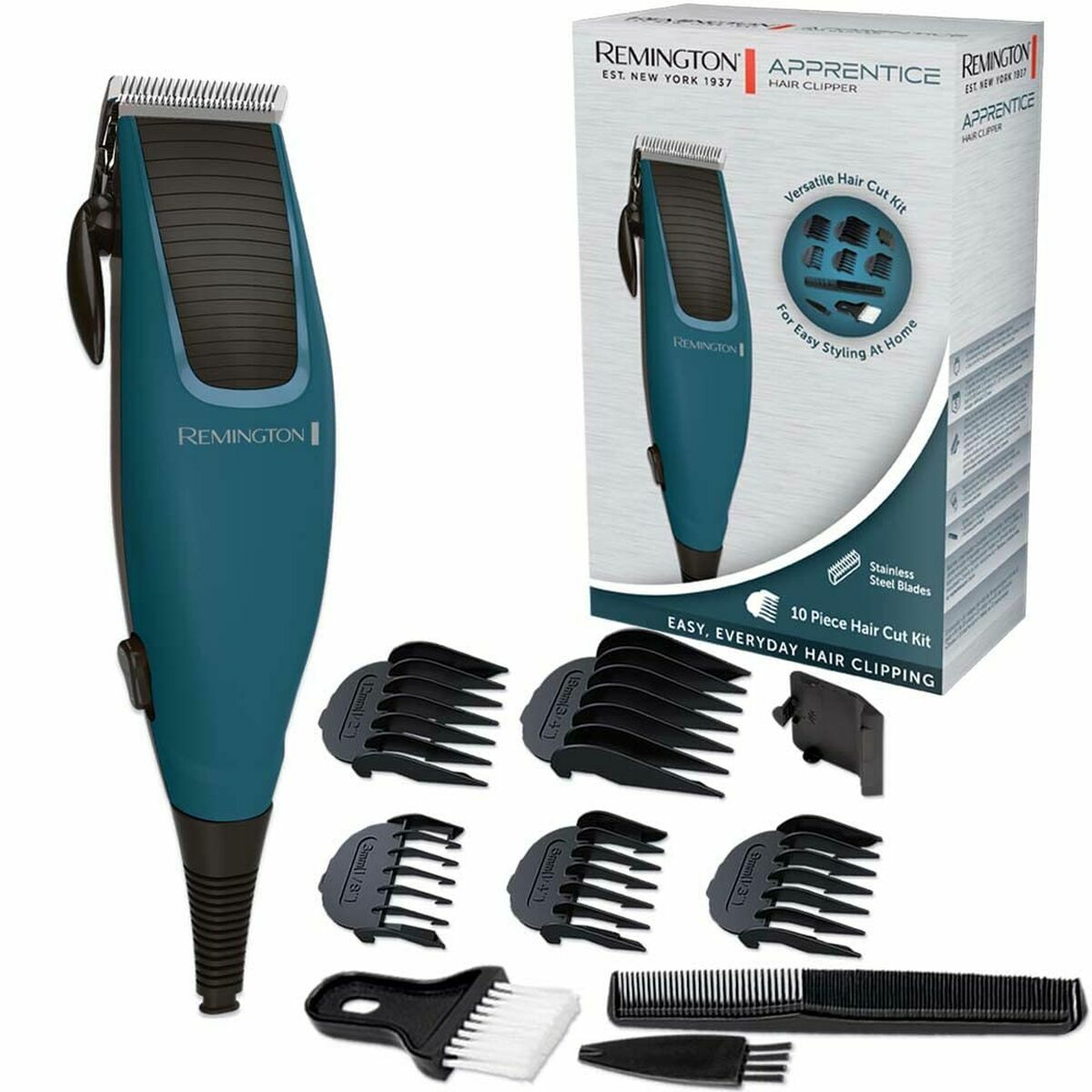 Remington HC5020 hair clipper set with turquoise ergonomic design and accessories for easy home hair styling.